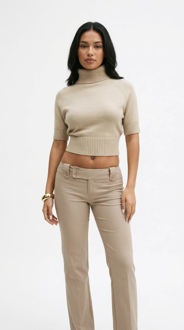 Turtleneck Short-Sleeve Cropped Sweater in Apricot Color