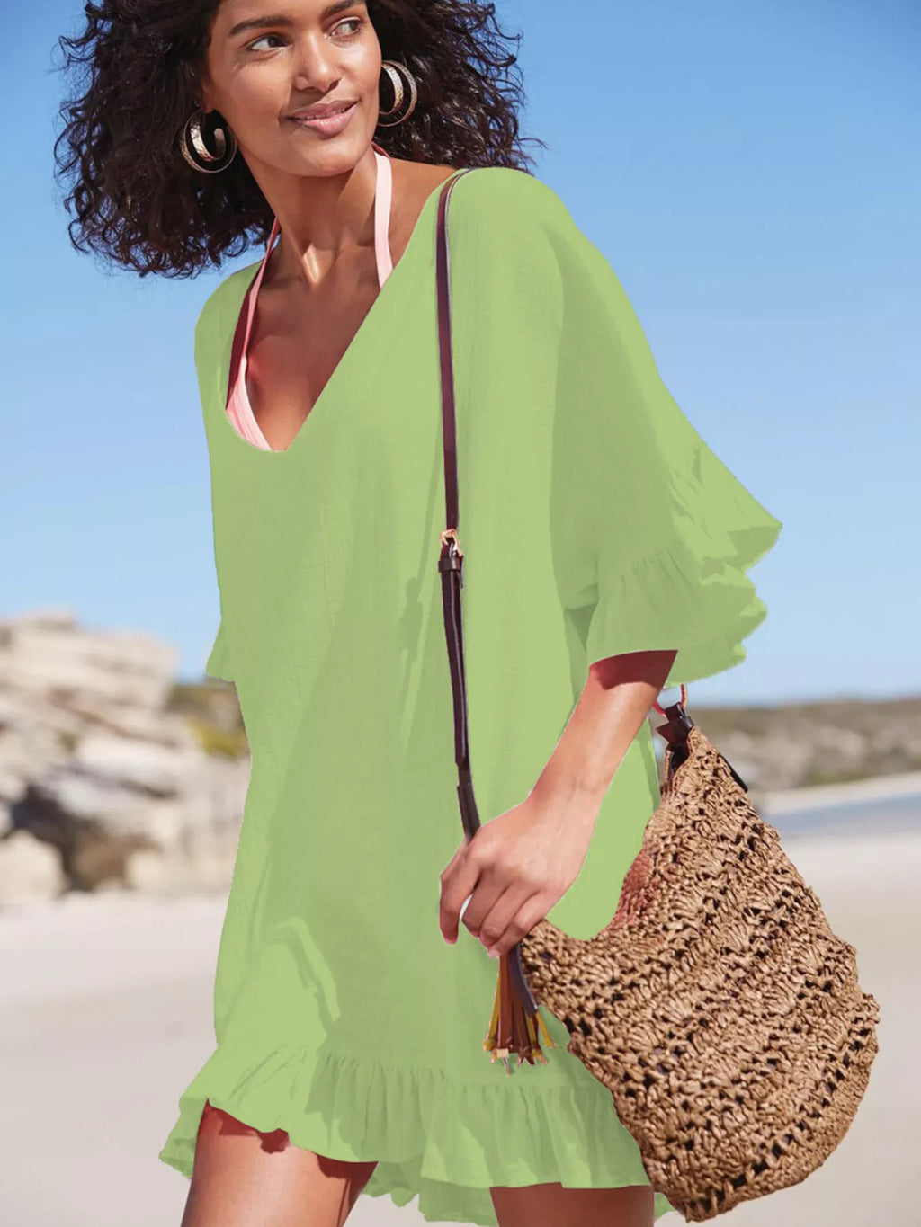 Ruffled Trim V-Neck Cover-Up Dress - Lilixa.store