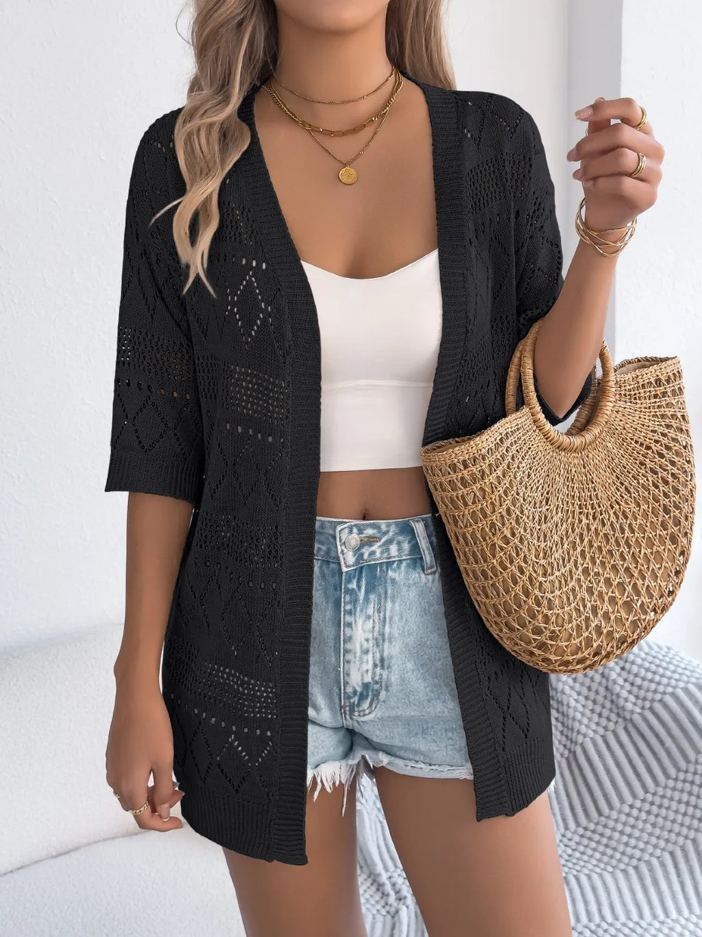 Openwork Open Front Half Sleeve Cardigan - Lilixa.store
