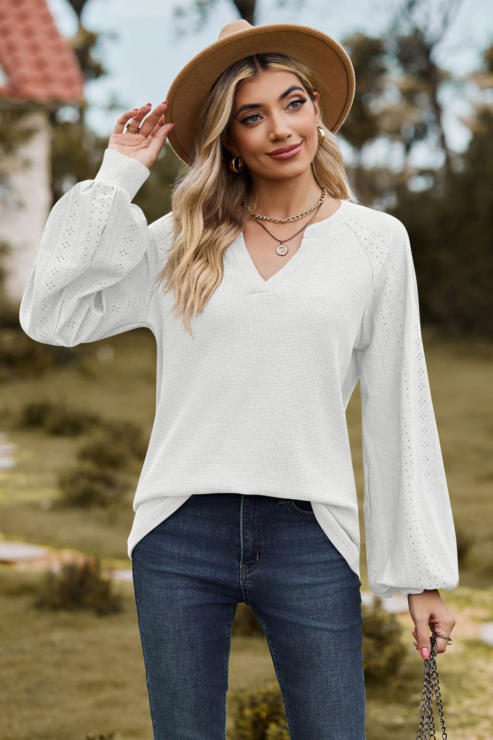 Notched Neck Raglan Sleeve Blouse in White