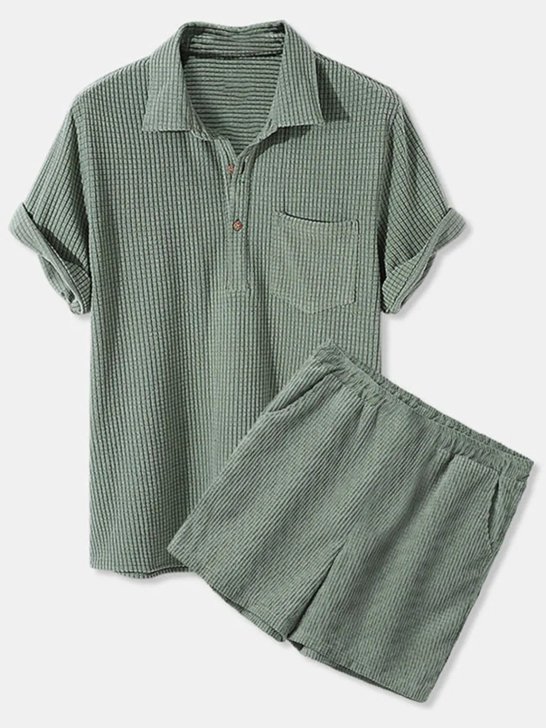 Men's Full Size Button Detail Short Sleeve Top and Shorts Set Plus Size in Green