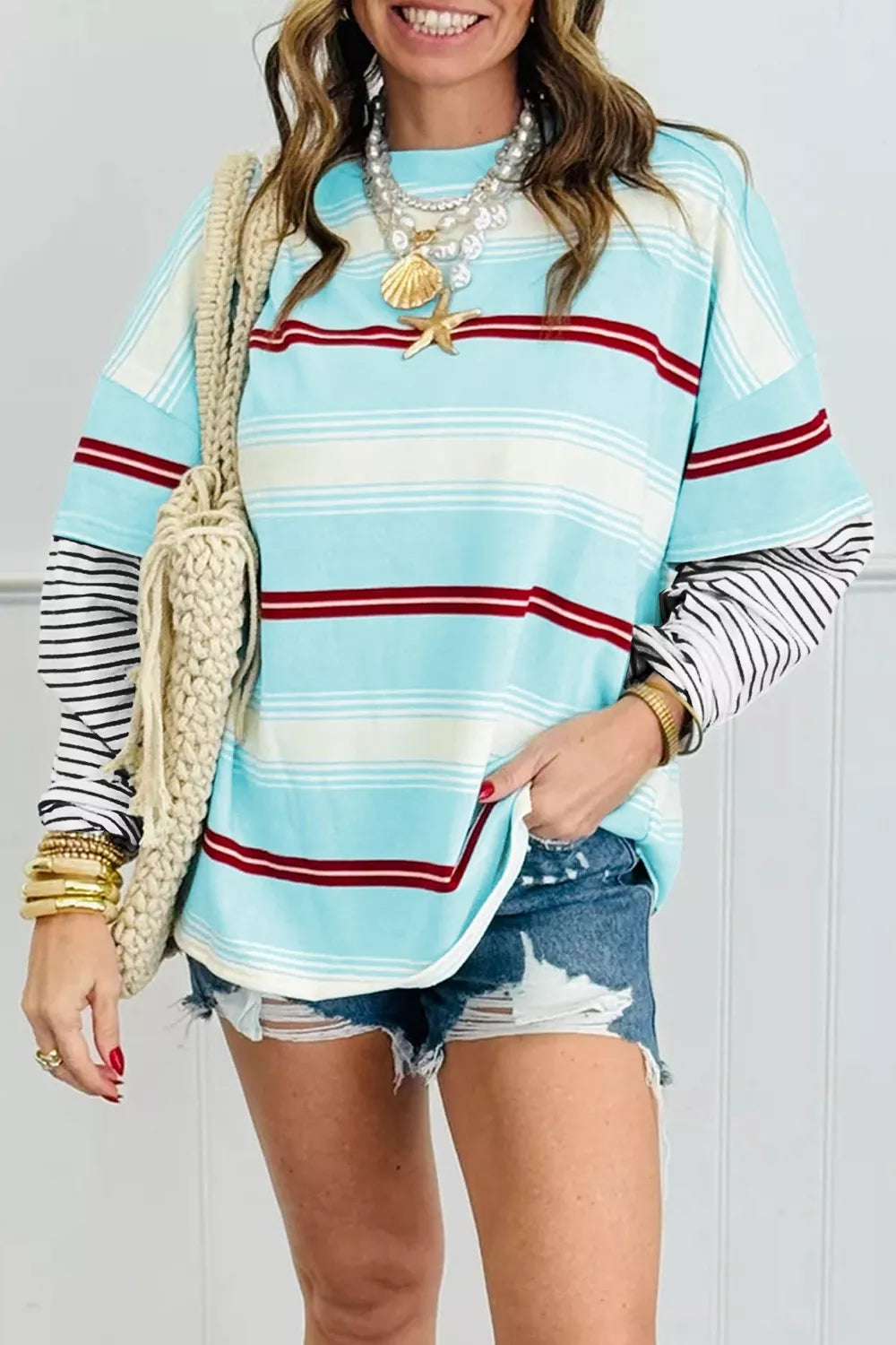 Stripe Casual Striped Patchwork Long Sleeve Loose Pullover Top