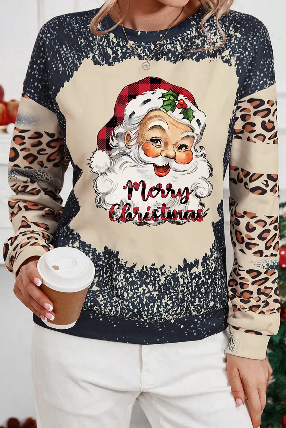 Santa Graphic Leopard Dropped Shoulder Sweatshirt - Lilixa.store