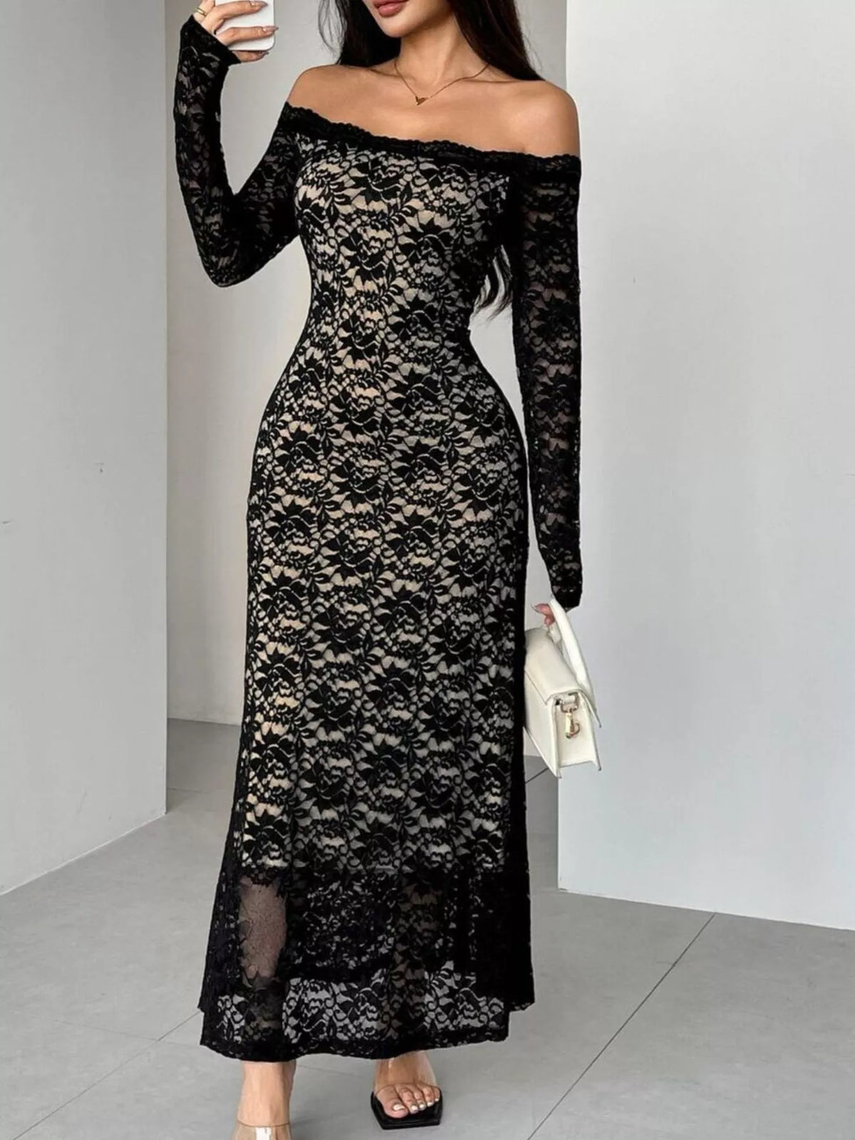 Off-Shoulder Lace Maxi Dress - Lilixa.store