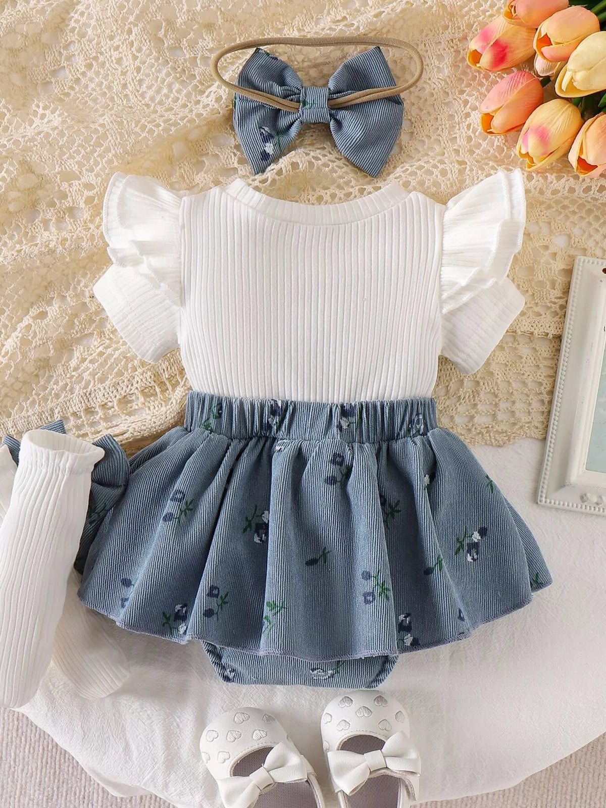 Children's Bow Ribbed Knit Dress & Headband & Socks Set - Lilixa.store