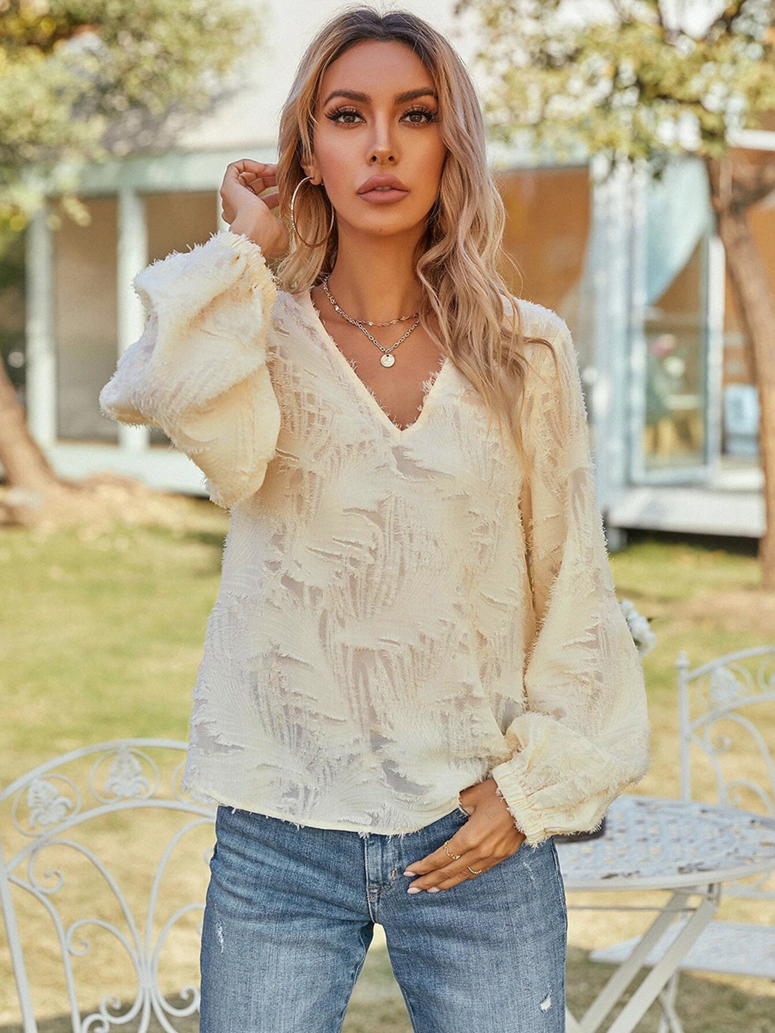 V-Neck Long Sleeve Blouse in Cream