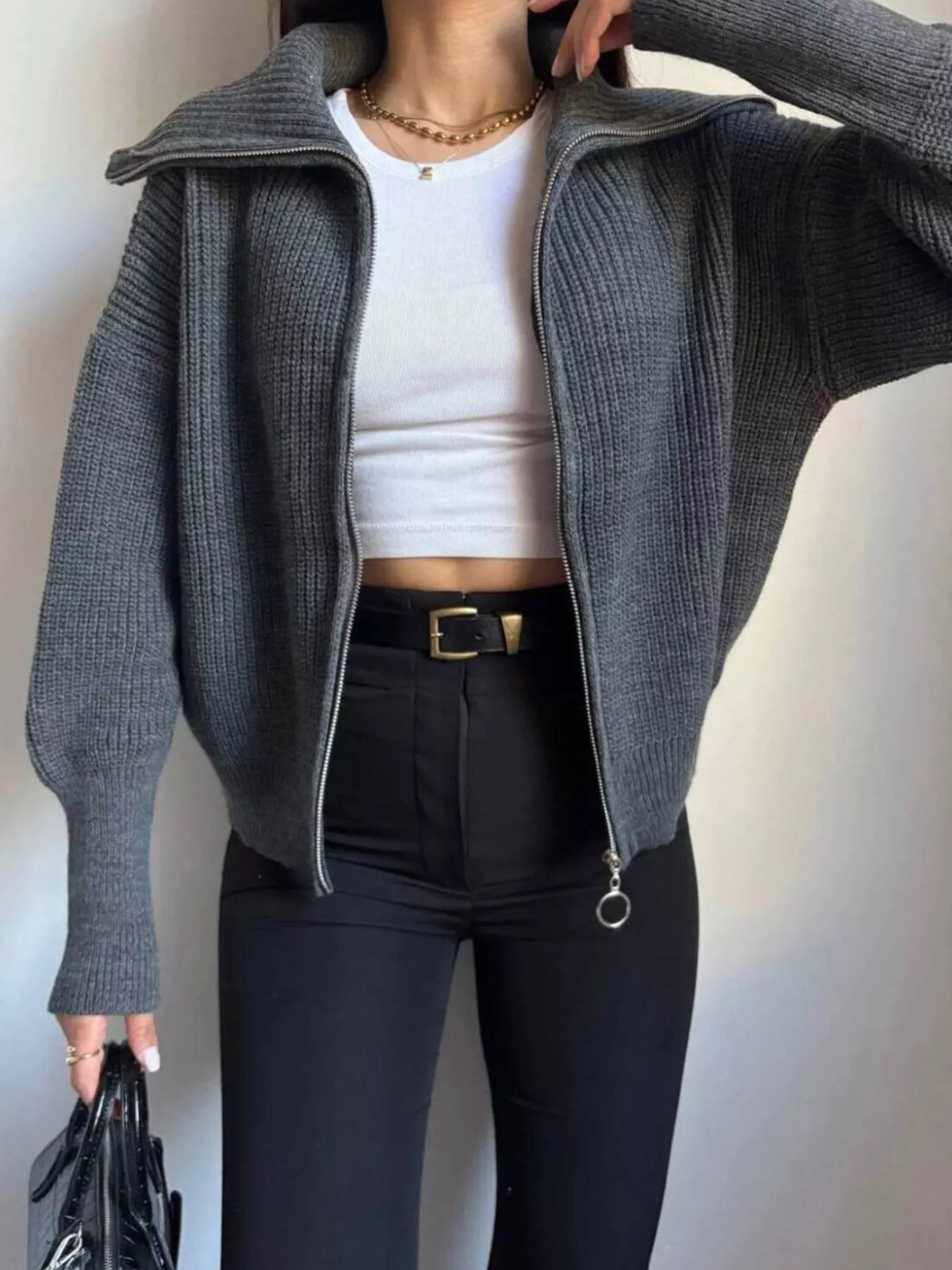 Zip Up Dropped Shoulder Cardigan - Lilixa.store