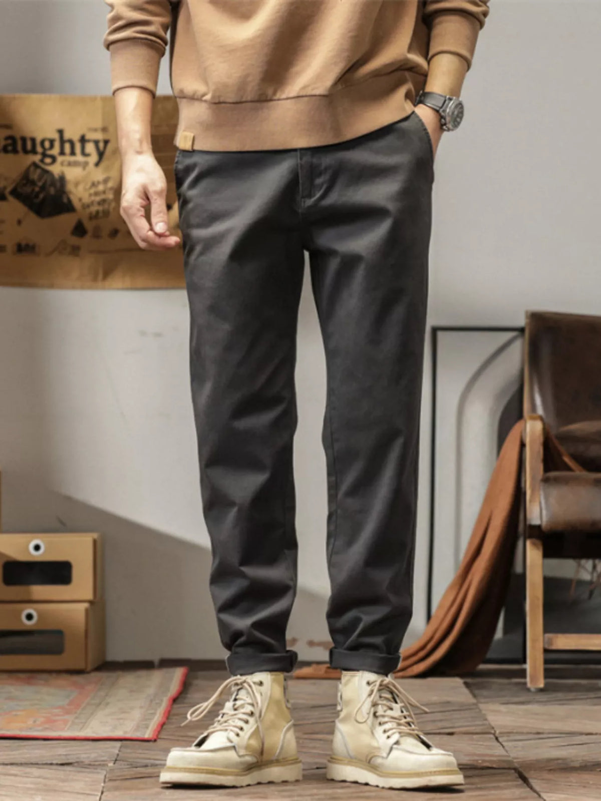 Men's Plus Size Casual Style Slim Fit Ankle Banded Pants in Dark Gray