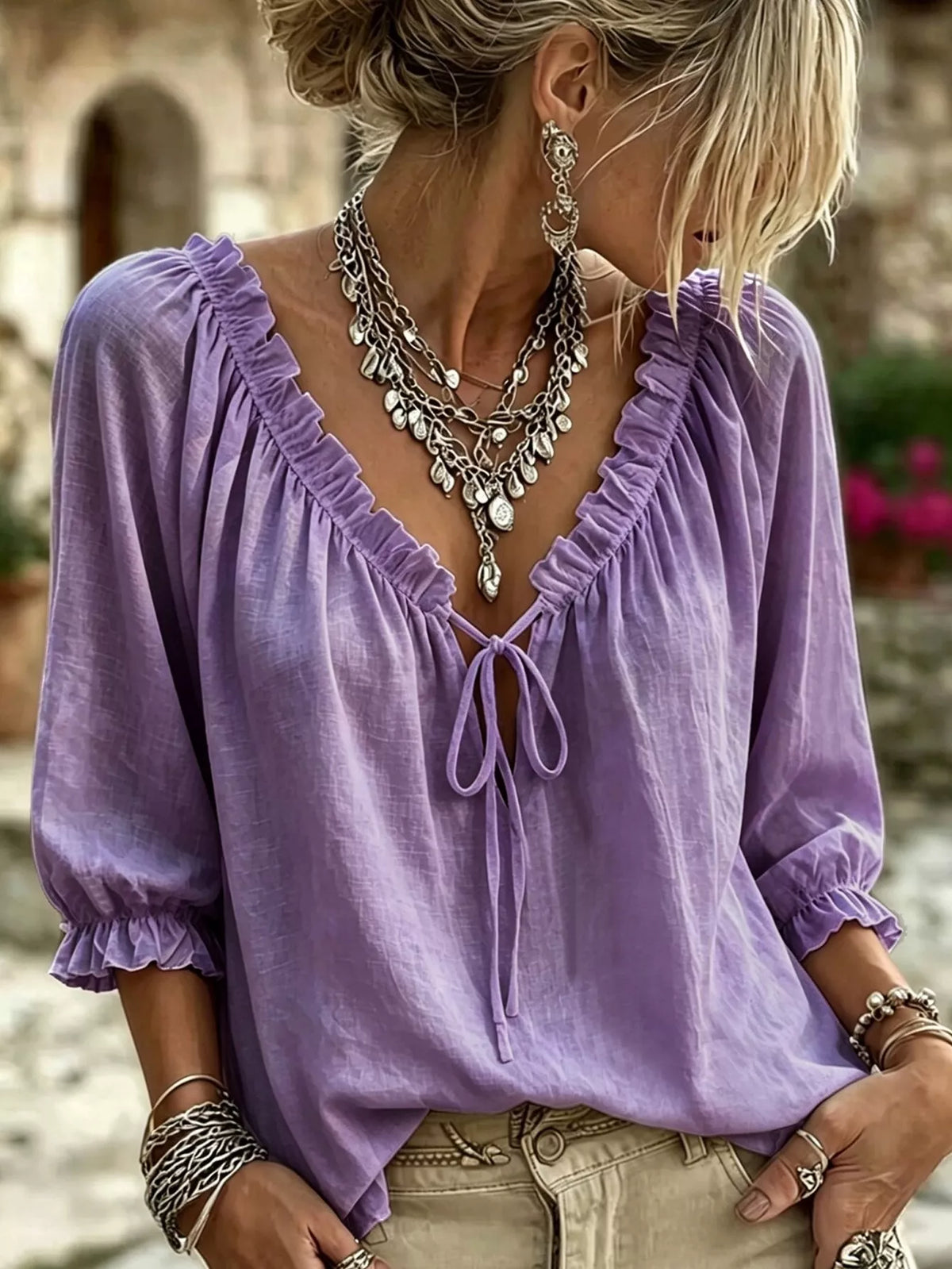 Frill Tie Neck 3/4 Sleeve Blouse - Lilixa.store