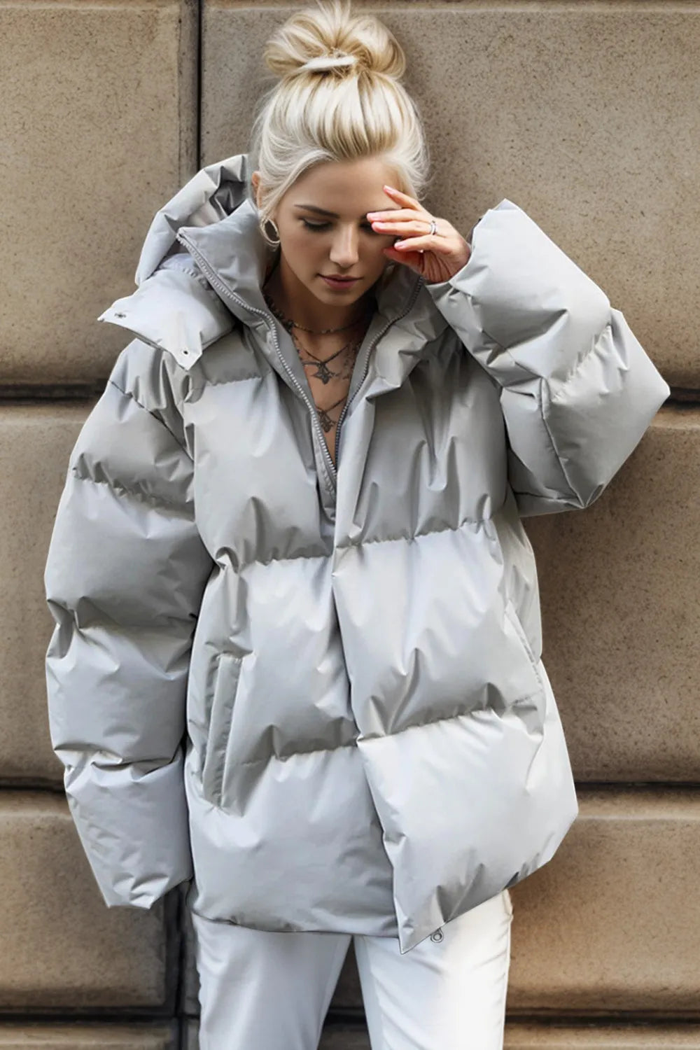 Pocketed Zip Up Hooded Puffer Jacket, view 11