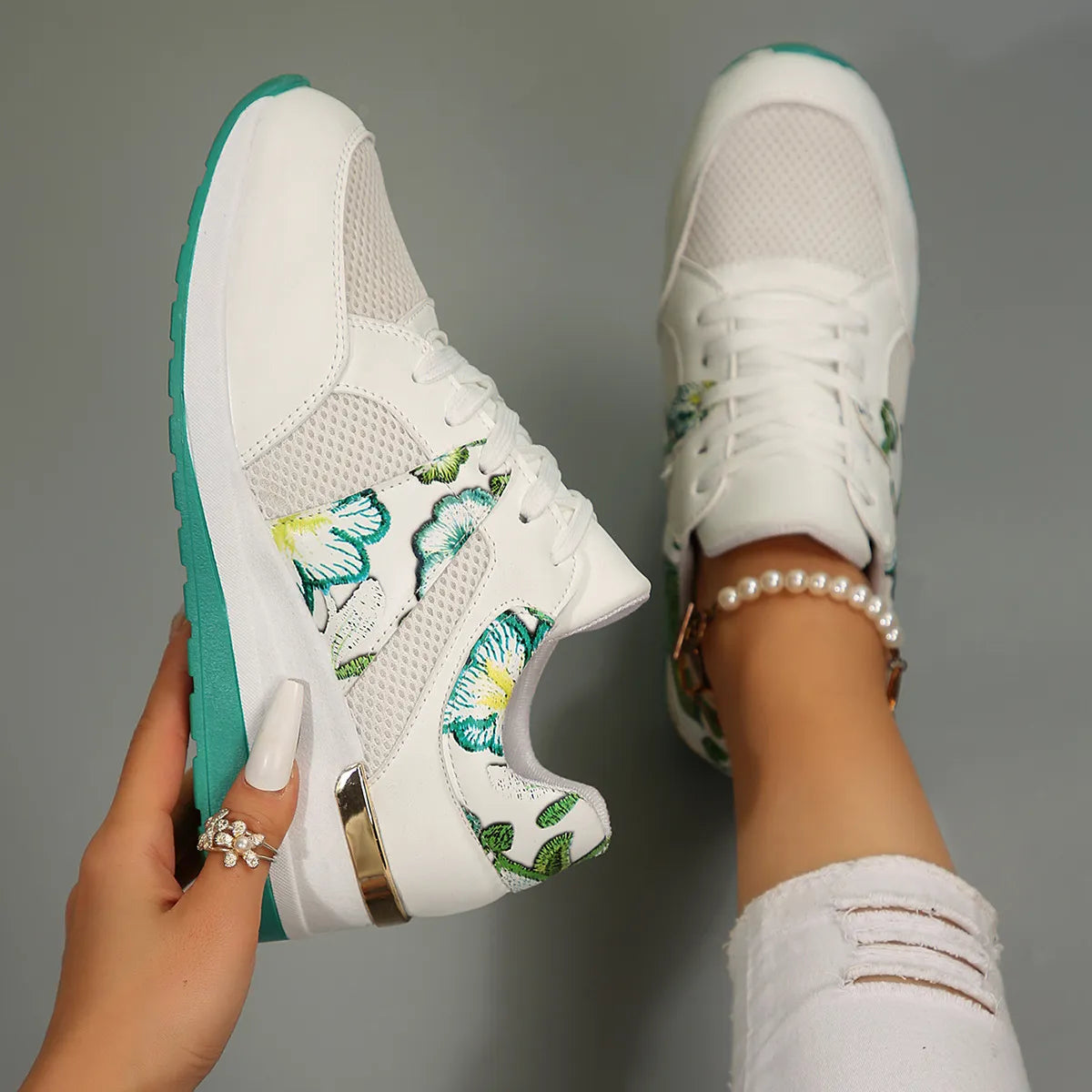 Floral Mesh Wedge Athletic - Lilixa.store