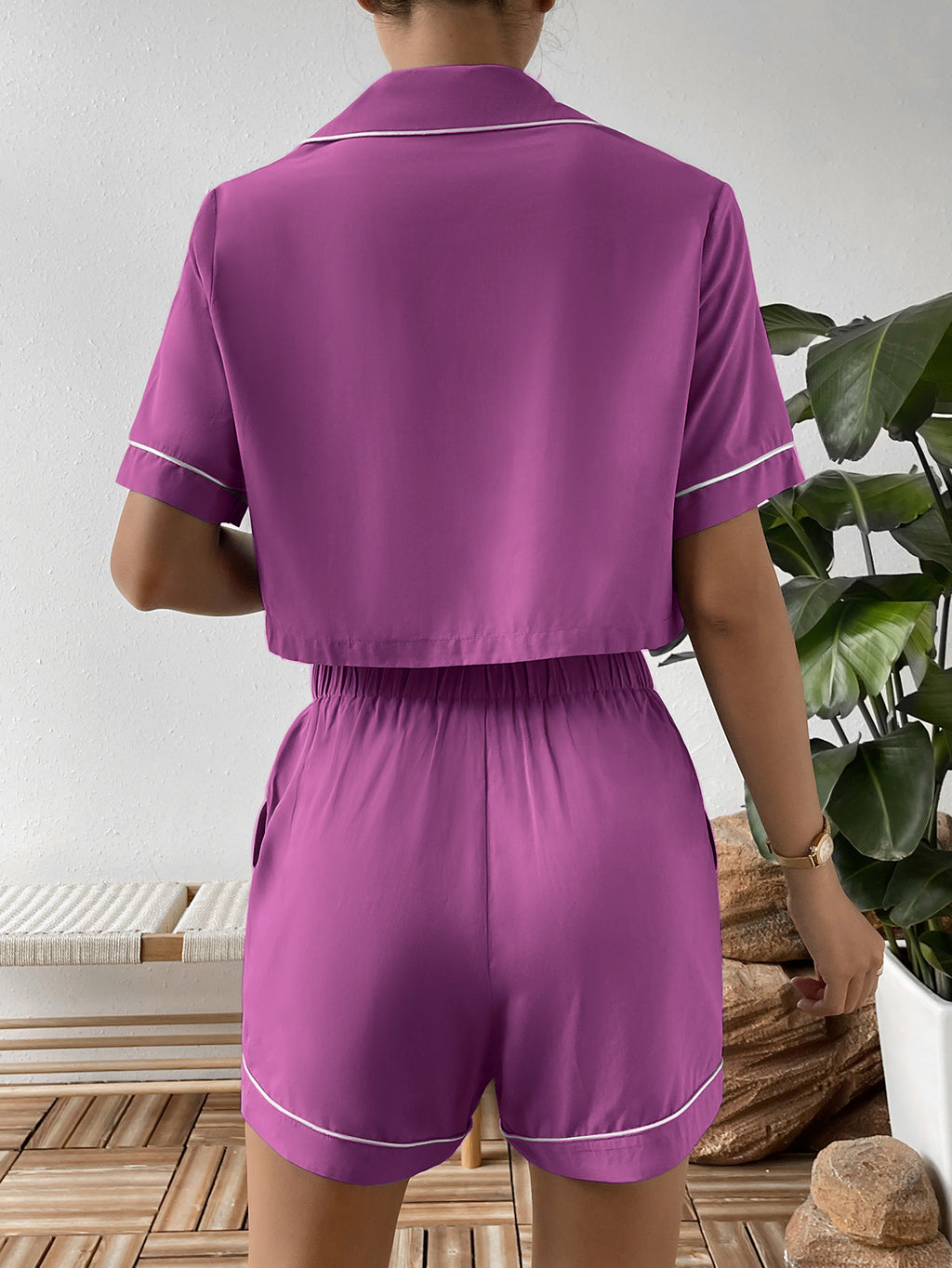 Ivy Lane Contrast Lapel Collar Cropped Shirt and Shorts Lounge Set - Lilixa.store