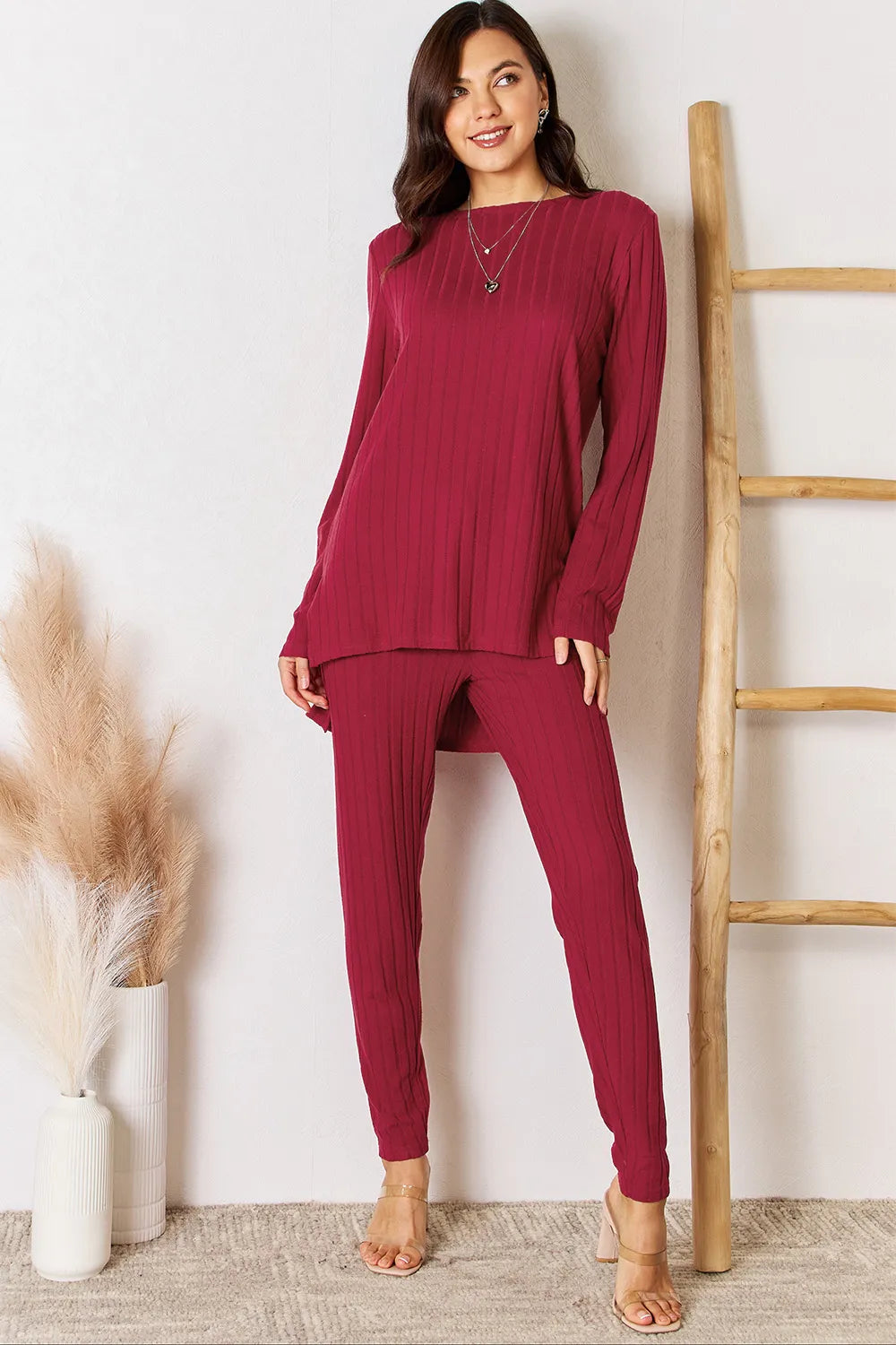Basic Bae Full Size Ribbed Round Neck High-Low Slit Top and Pants Set - Lilixa.store