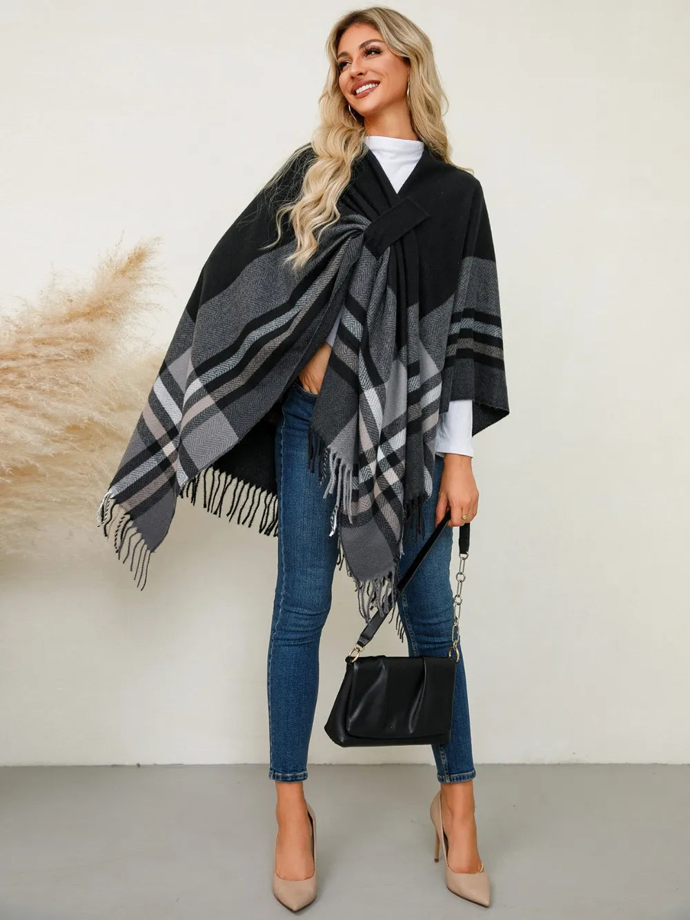 Fringe Contrast Plaid Poncho - Lilixa.store