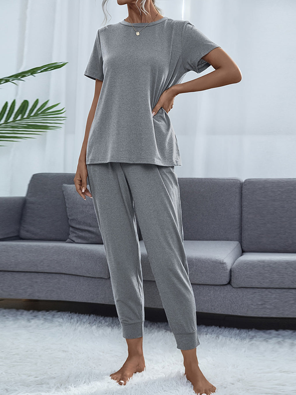 Shiny Round Neck Short Sleeve Top and Pants Set - Lilixa.store