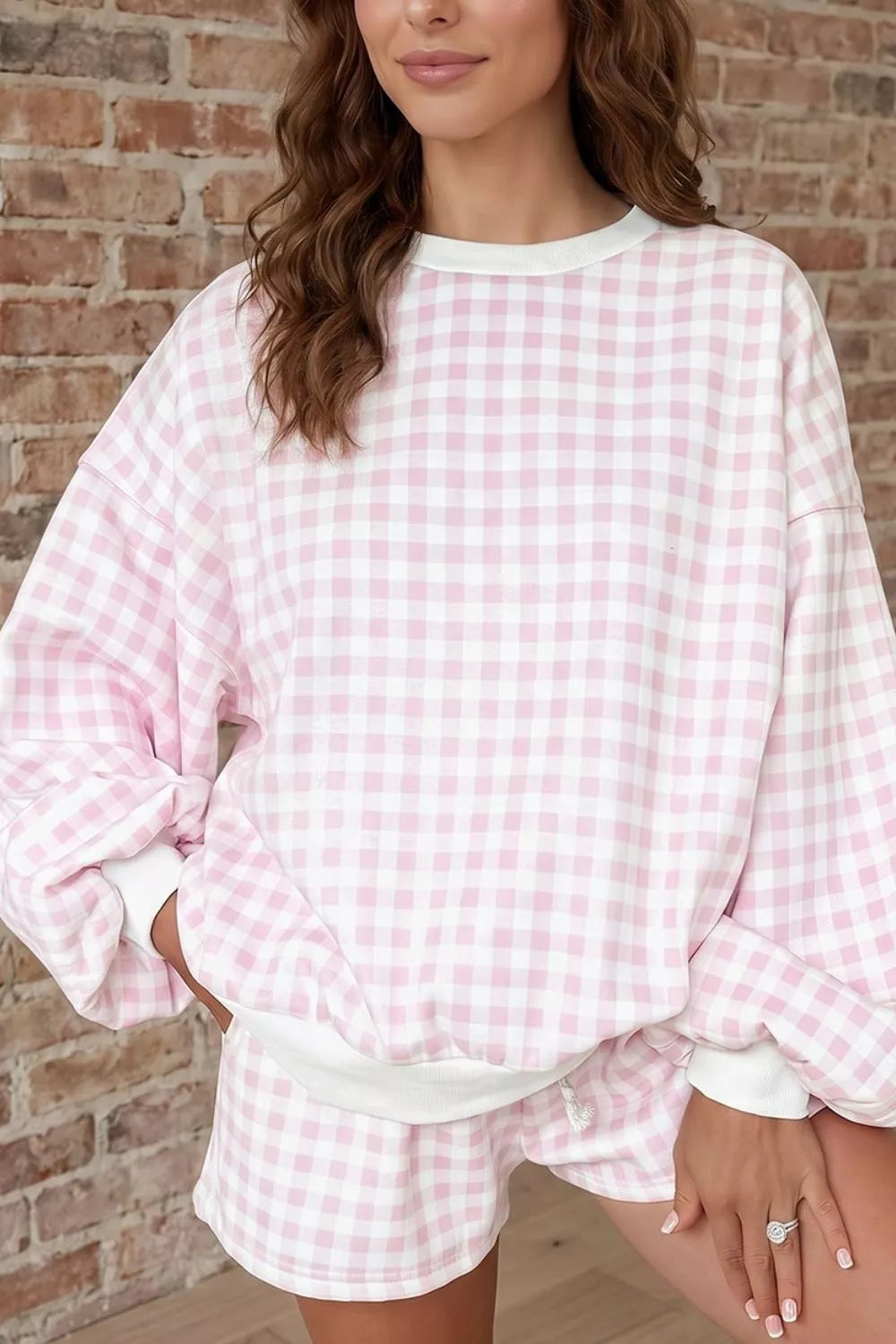 Gingham Long Sleeve Sweatshirt and Shorts Set - Lilixa.store
