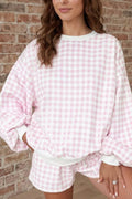Gingham Long Sleeve Sweatshirt and Shorts Set - Lilixa.store