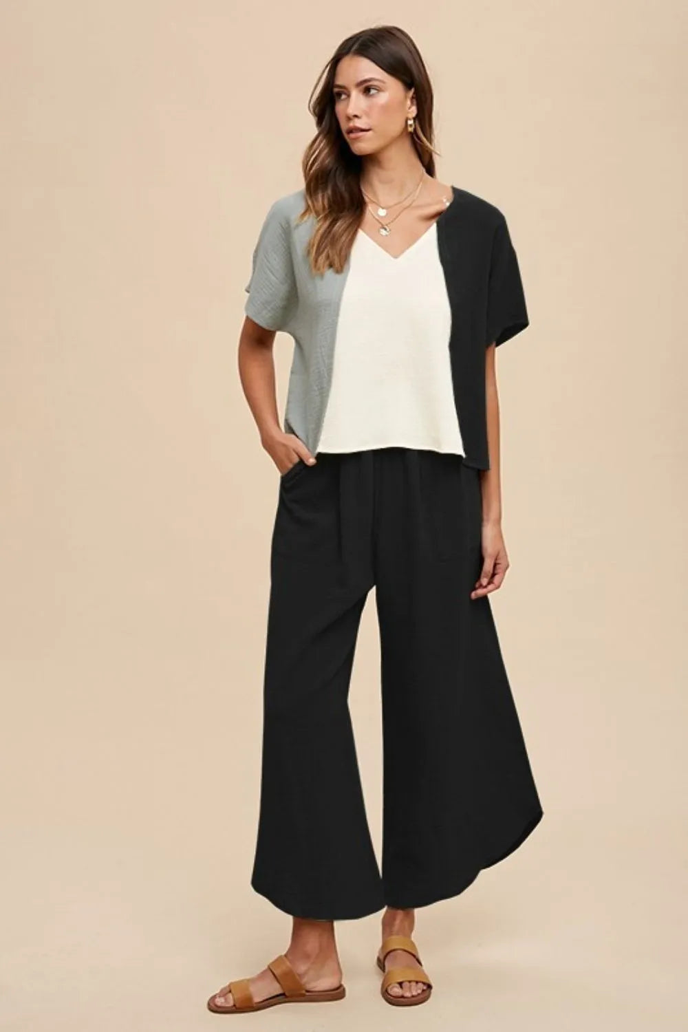 Annie Wear Color Block Cotton Gauze V-Neck Top - Lilixa.store