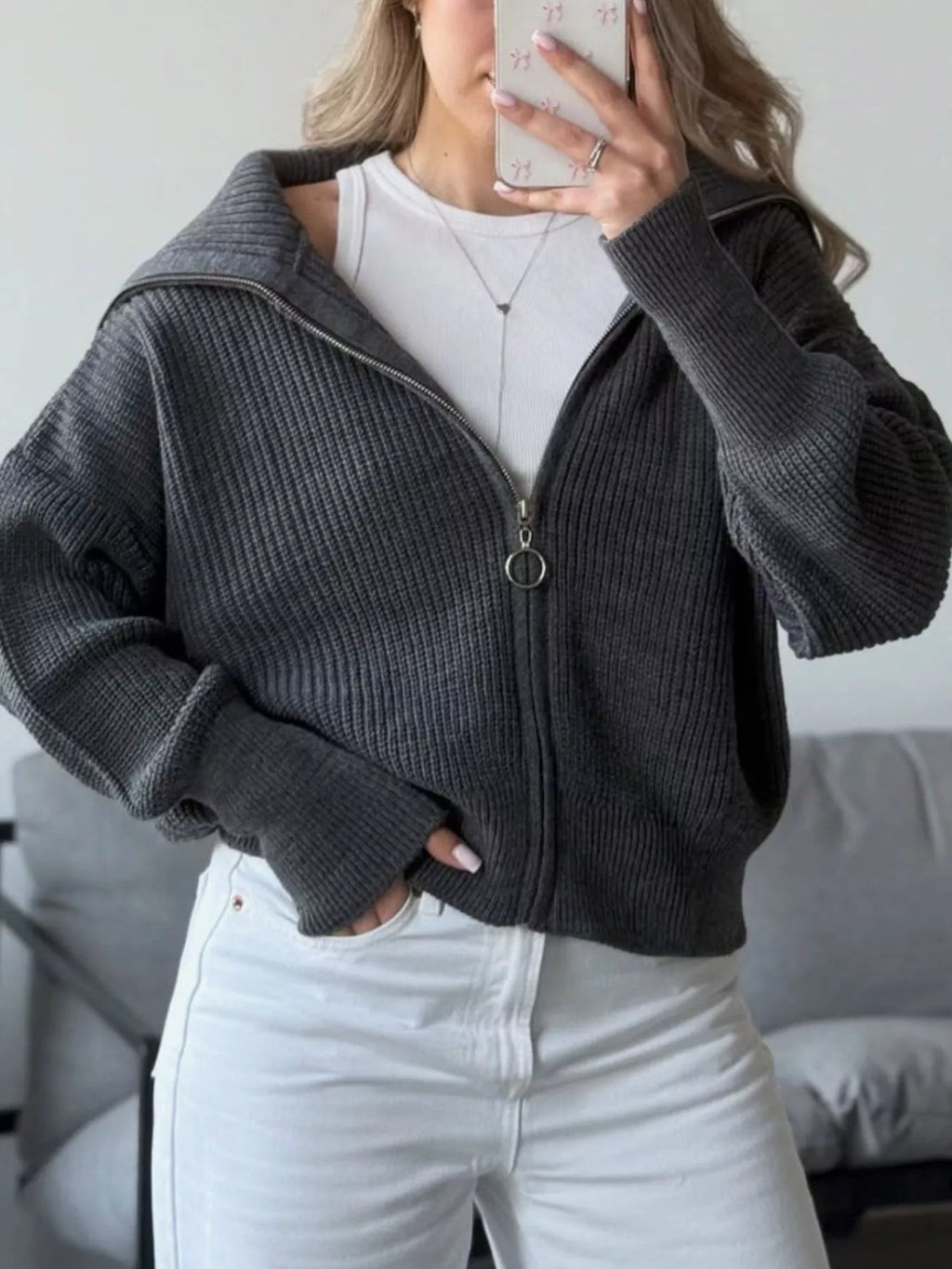 Zip Up Dropped Shoulder Cardigan - Lilixa.store