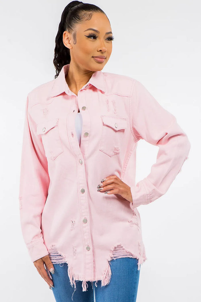 American Bazi Frayed Hem Distressed Denim Jacket in Pink