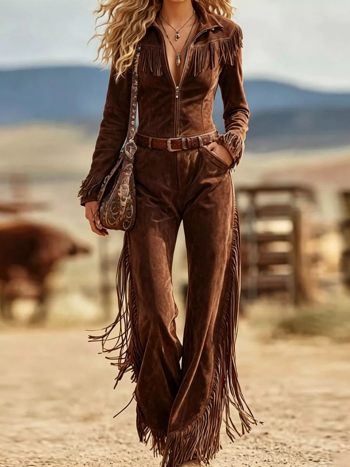 Western-Inspired Suede Fringe Jumpsuit with Zipper Front in Brown