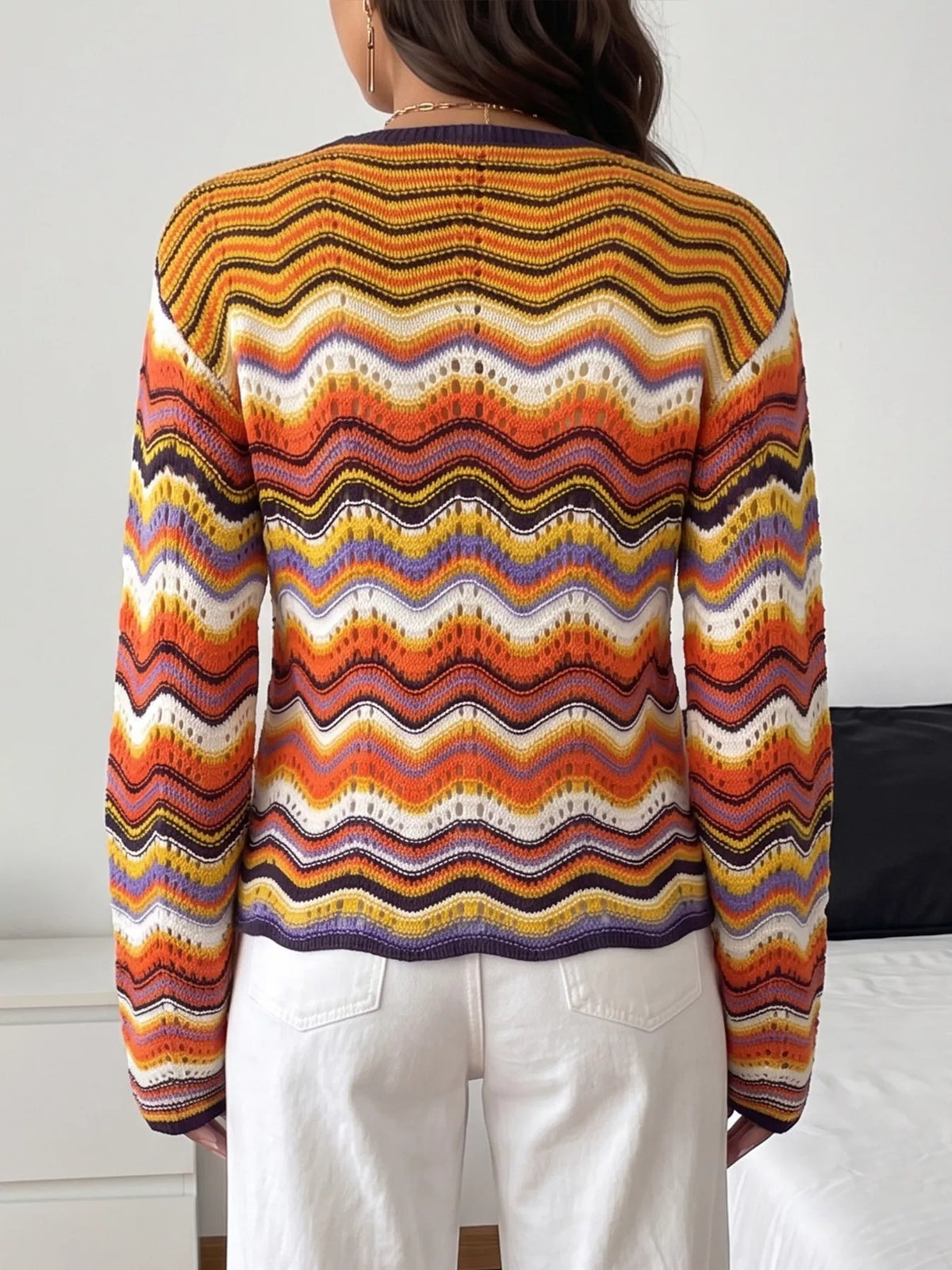 Vibrant Chevron Striped Tie-Front Knit Cardigan, view 2