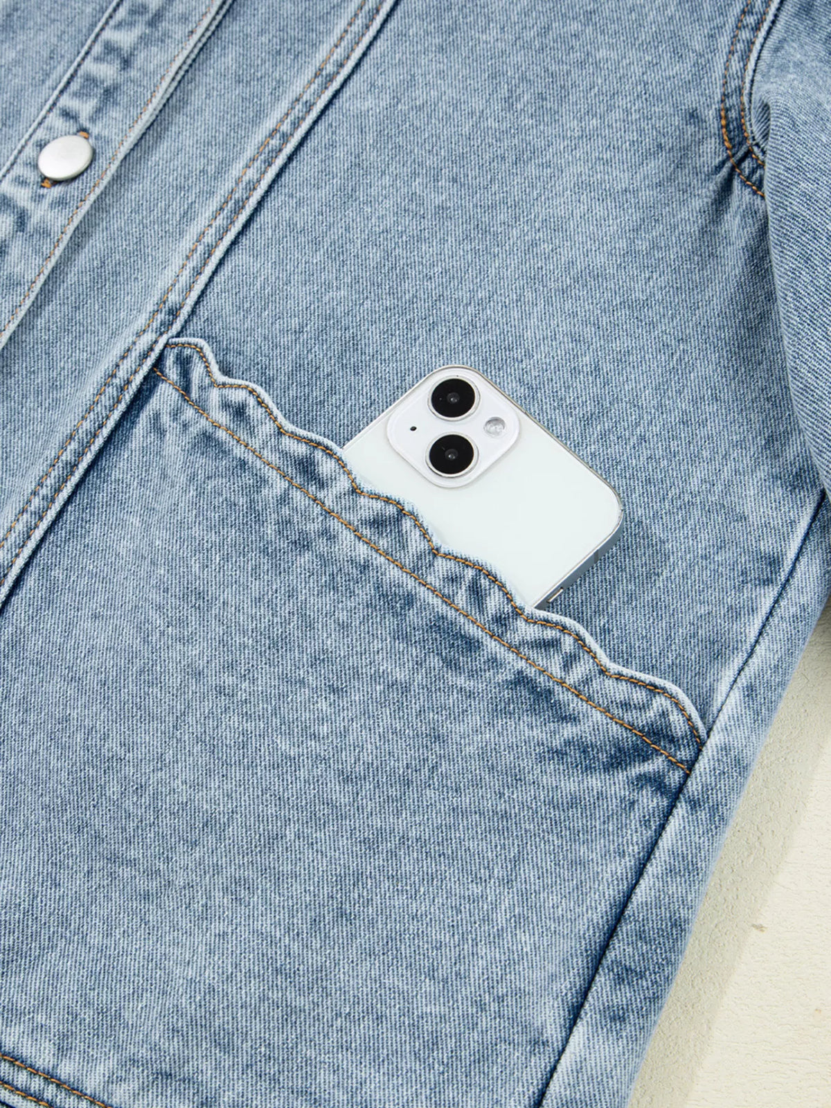 Scallop Trim Collar Patched Pocket Button Up Denim Jacket, view 10