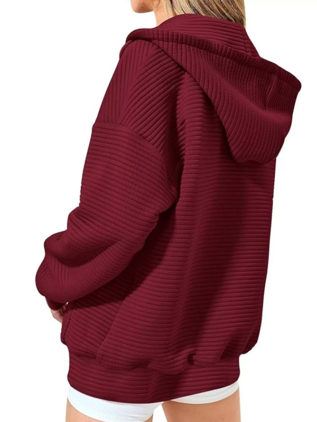 Drawstring Zip Up Dropped Shoulder Hoodie - Lilixa.store