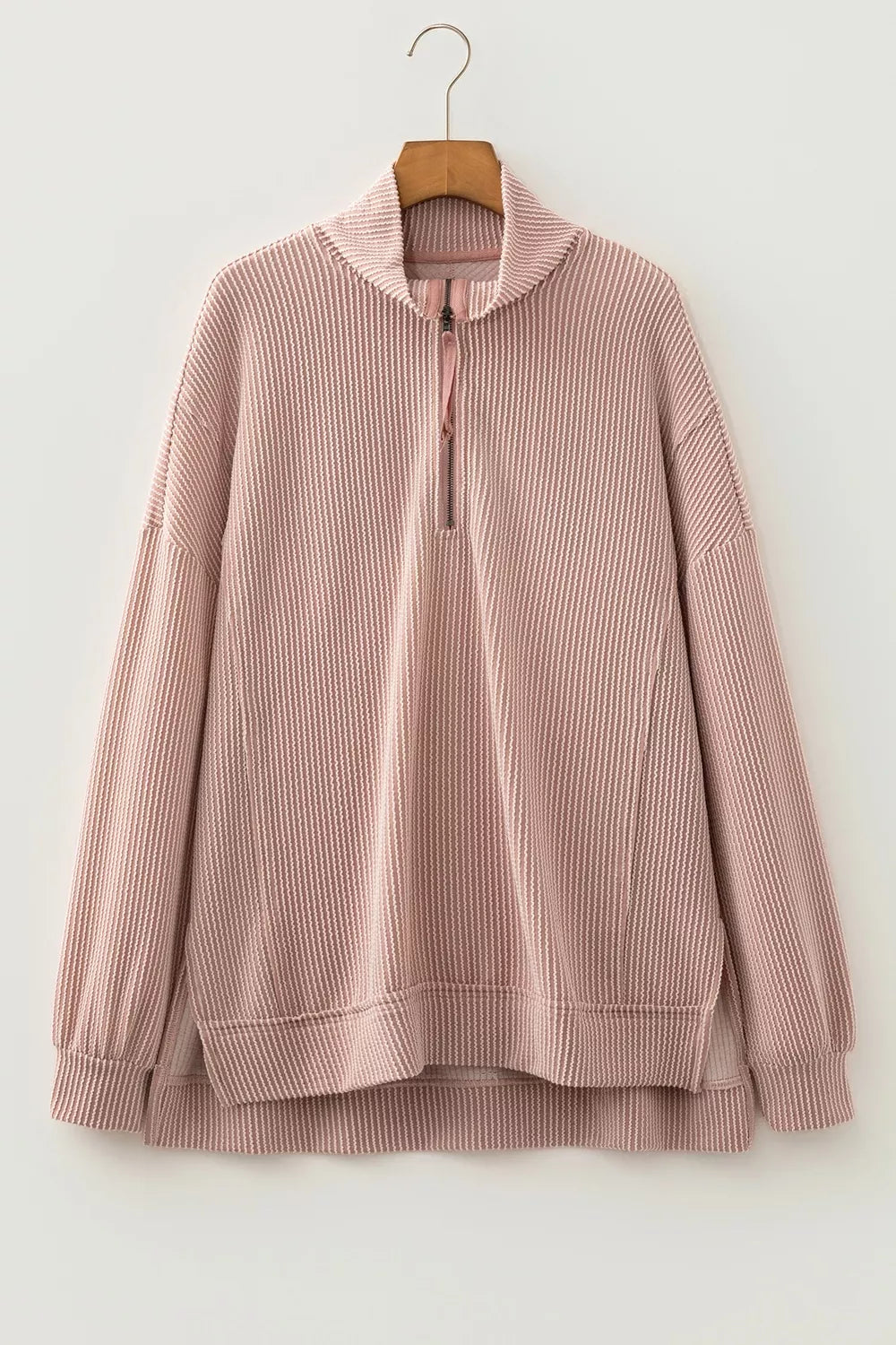 Twist Ribbed Zipper Collar Drop Shoulder Long Sleeve Top - Lilixa.store