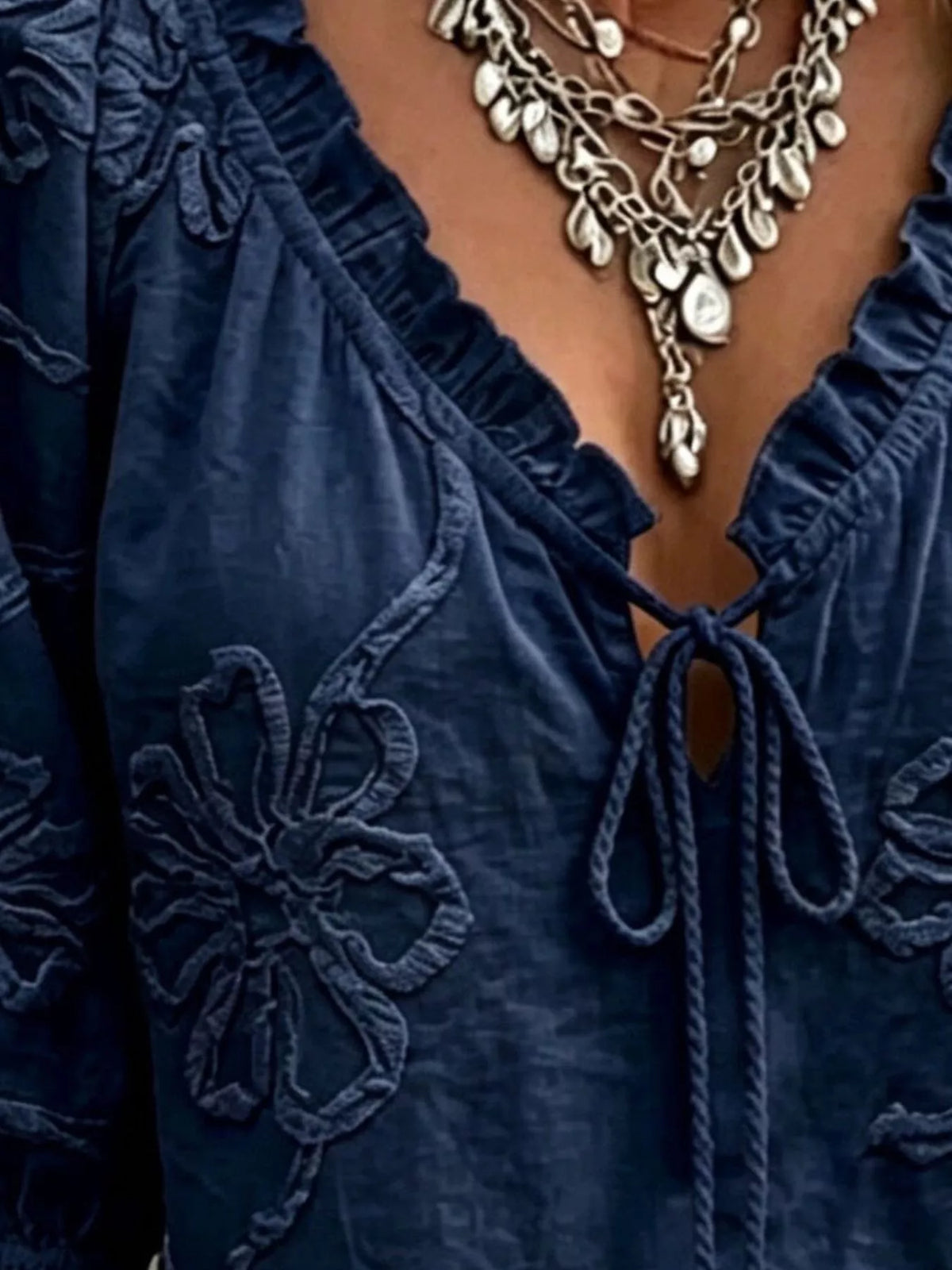 Full Size Flower Tie Front 3/4 Sleeve Blouse Plus Size - Lilixa.store