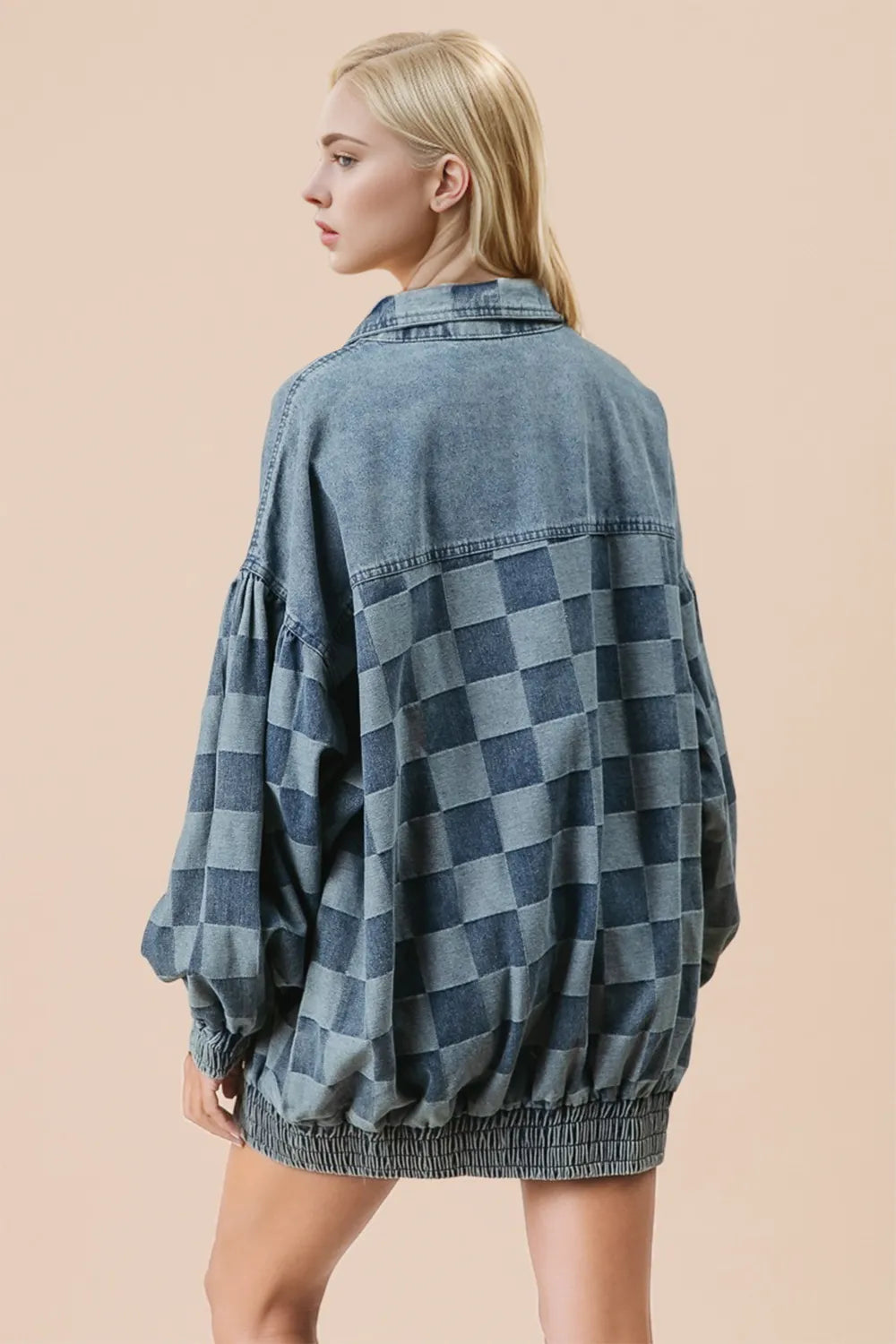 Double Take Checkered Button Up Denim Jacket, view 2