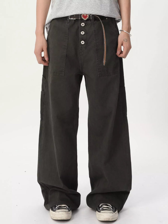 Men's Button Fly Wide Leg Cargo Pants in Army Green