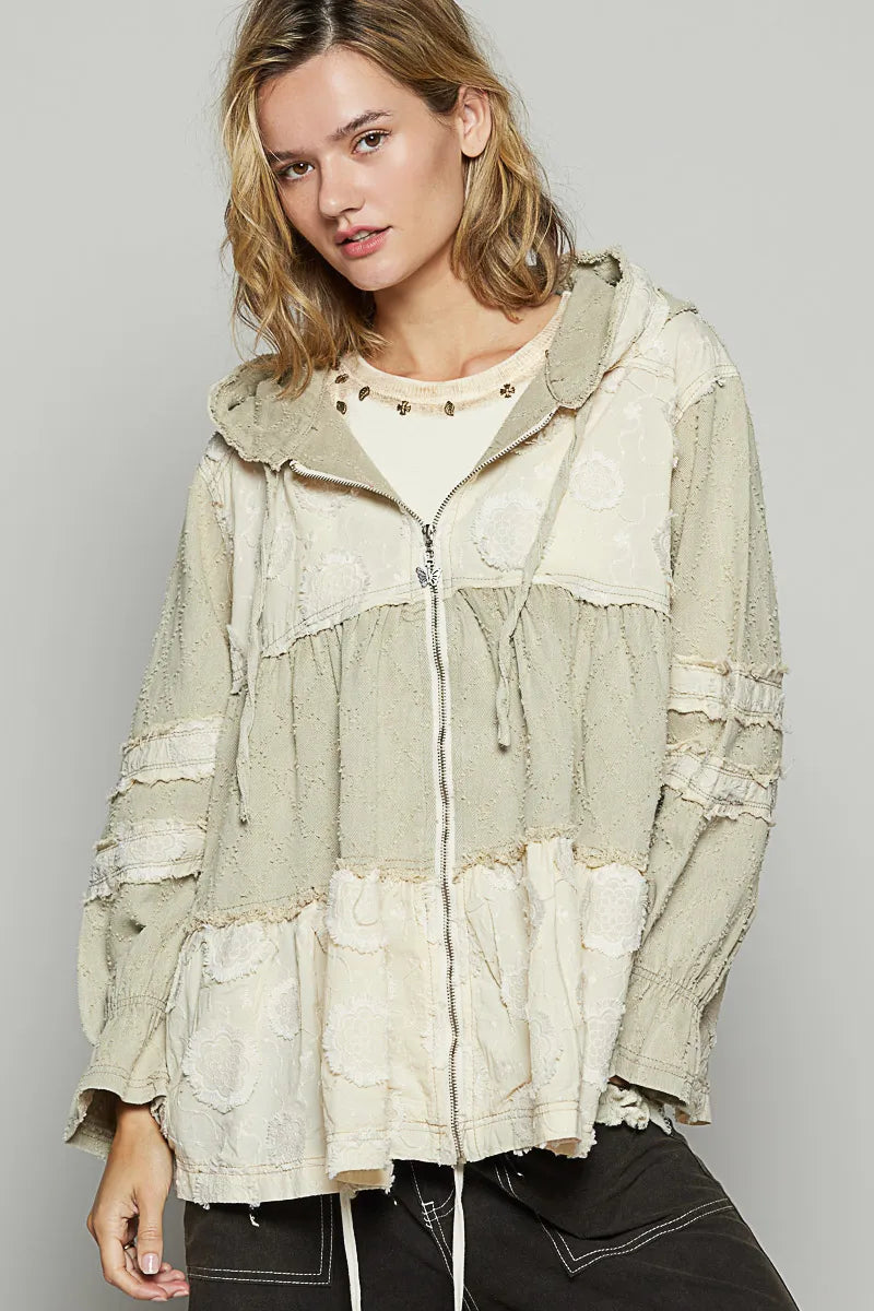 POL Raw Hem Color Block Hooded Jacket in Beige, view 2