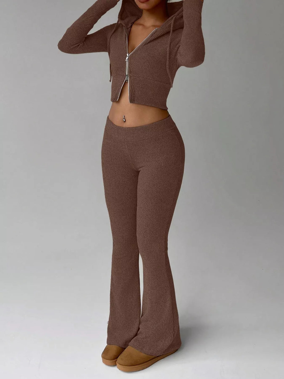 Ribbed Knit Zip-Up Hooded Top and Flared Pants Set