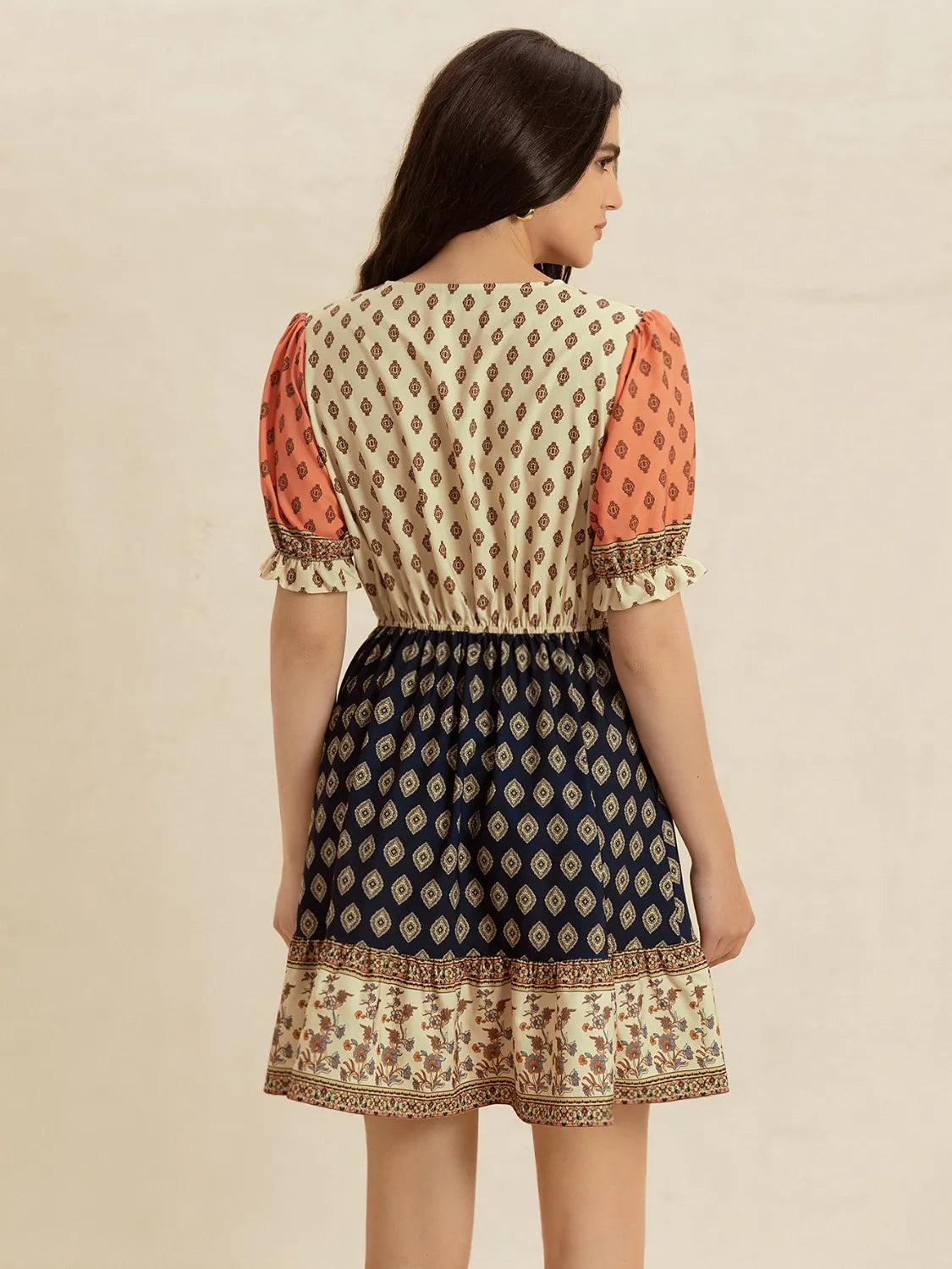 Printed V-Neck Short Sleeve Dress in Tan, view 2