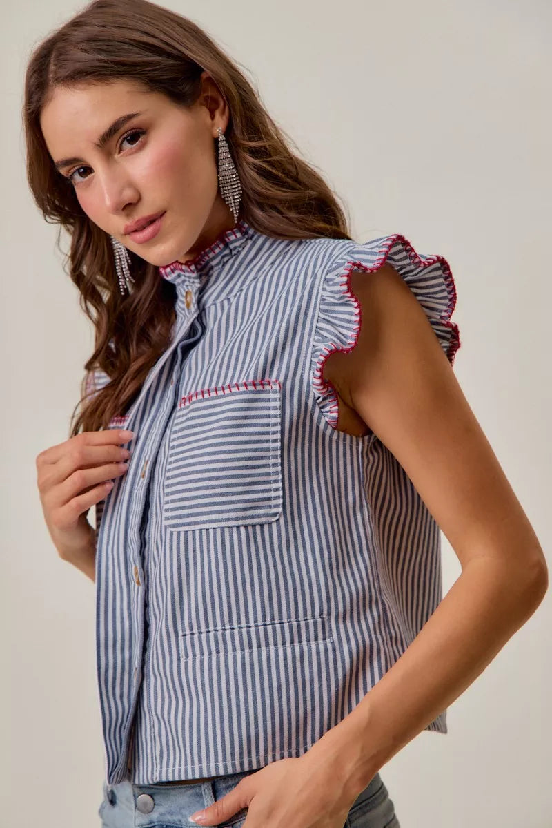 SO ME Stripe Twill Stitch Ruffled Hidden Button Vest Top - Lilixa.store