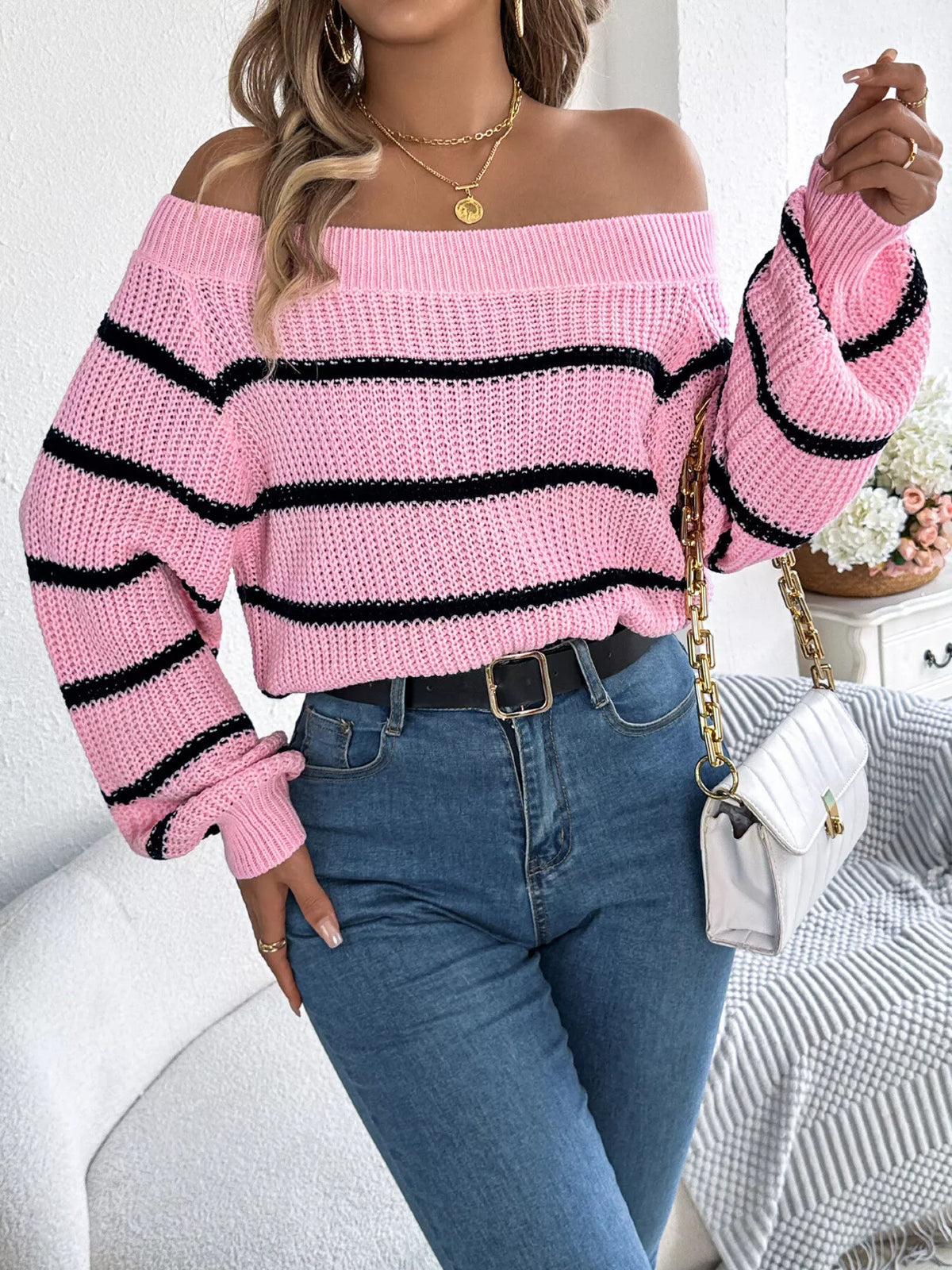 Off-Shoulder Striped Contrast Sweater, view 5