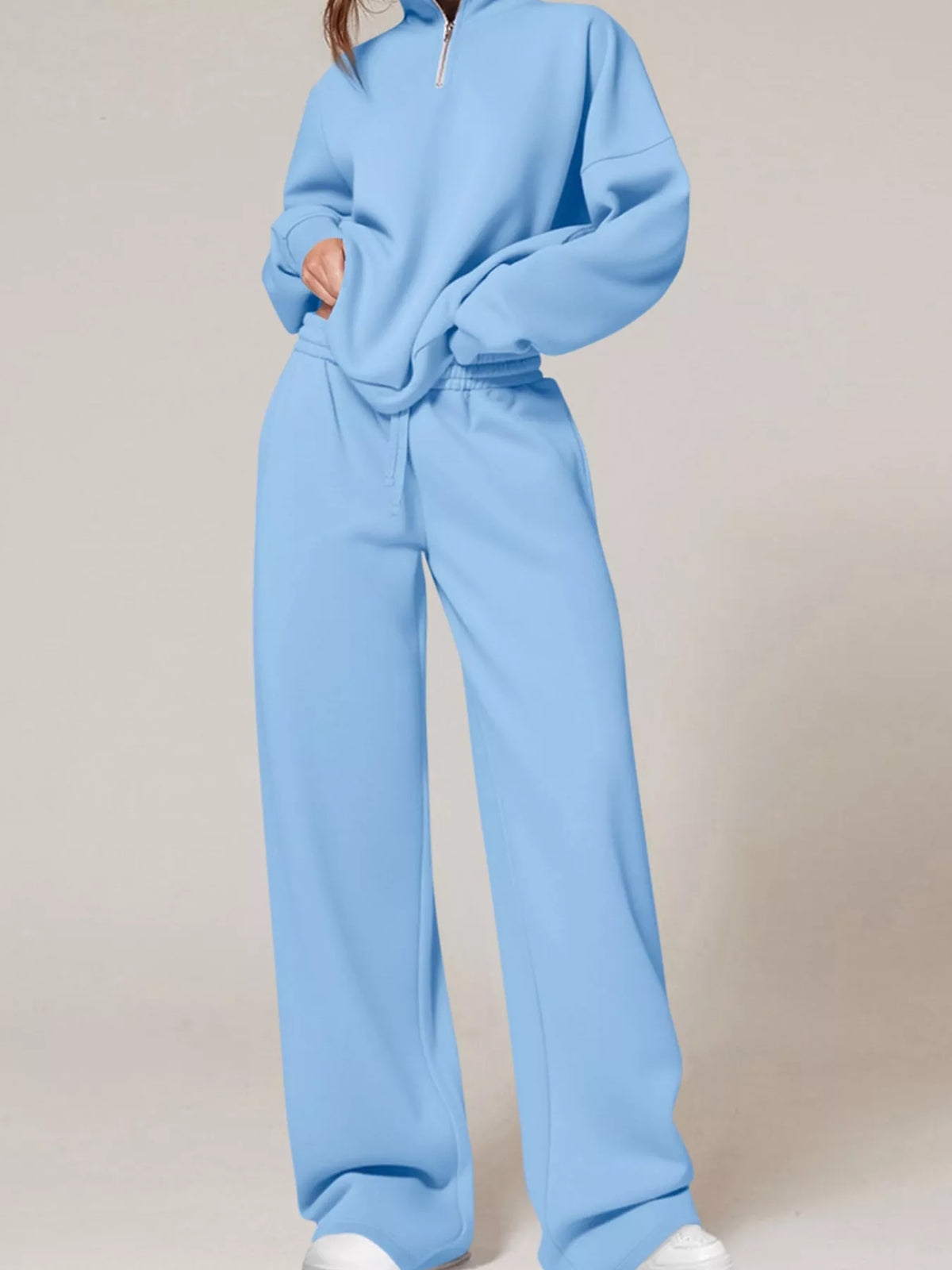 Half-Zip Sweatshirt and Wide-Leg Sweatpants Set in Sky Blue