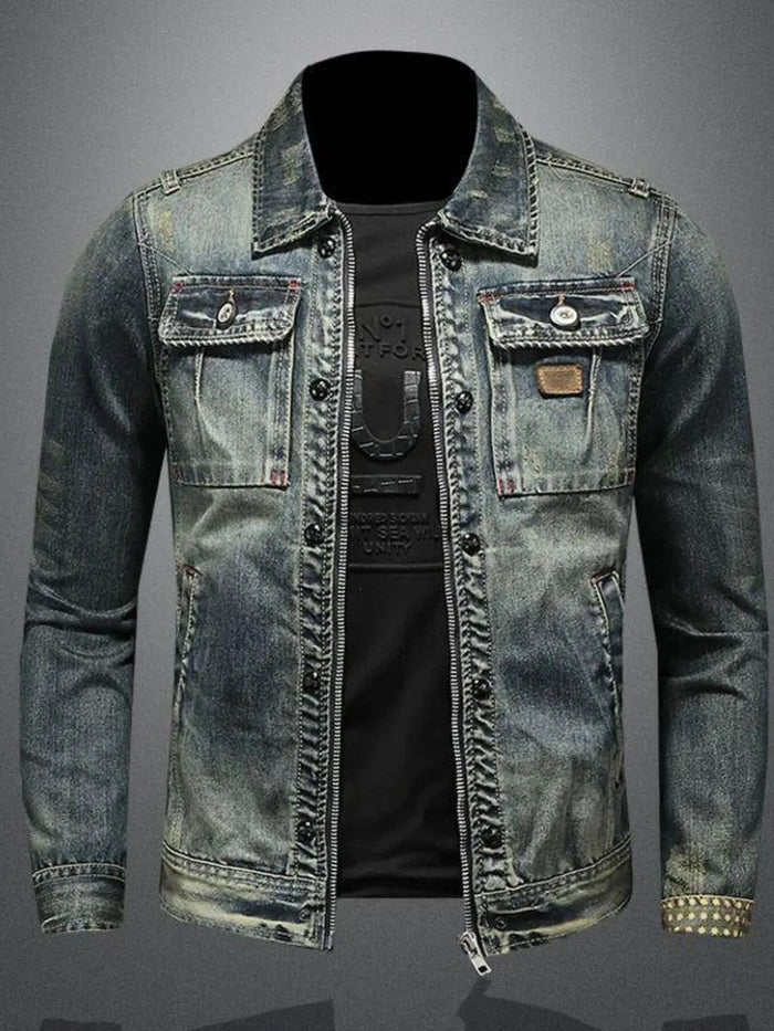 Men's Plus Size Vintage Washed Zip Up Denim Jacket - Lilixa.store