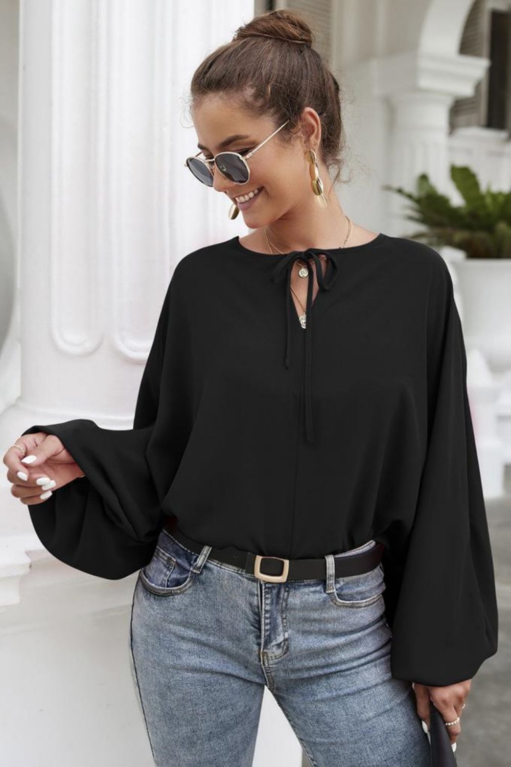 Tie Neck Balloon Sleeve Blouse in Black