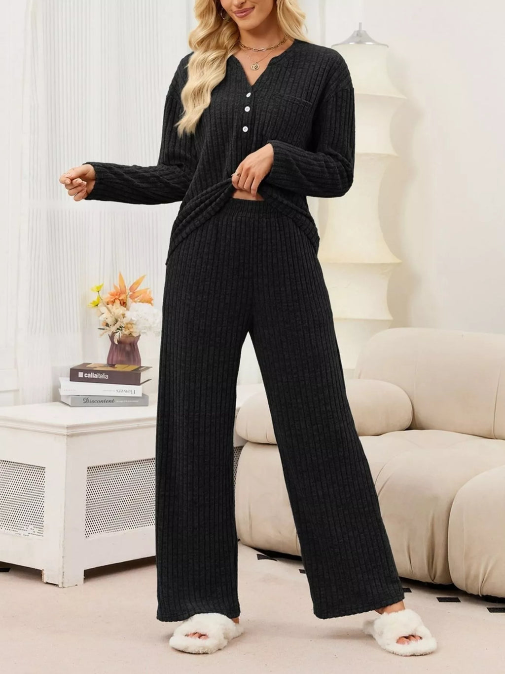 Ribbed Knit Top and Wide-Leg Pants Set - Lilixa.store