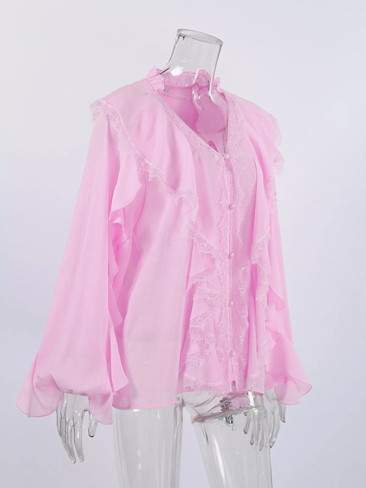V-Neck Ruffled Lace Trim Blouse, view 14