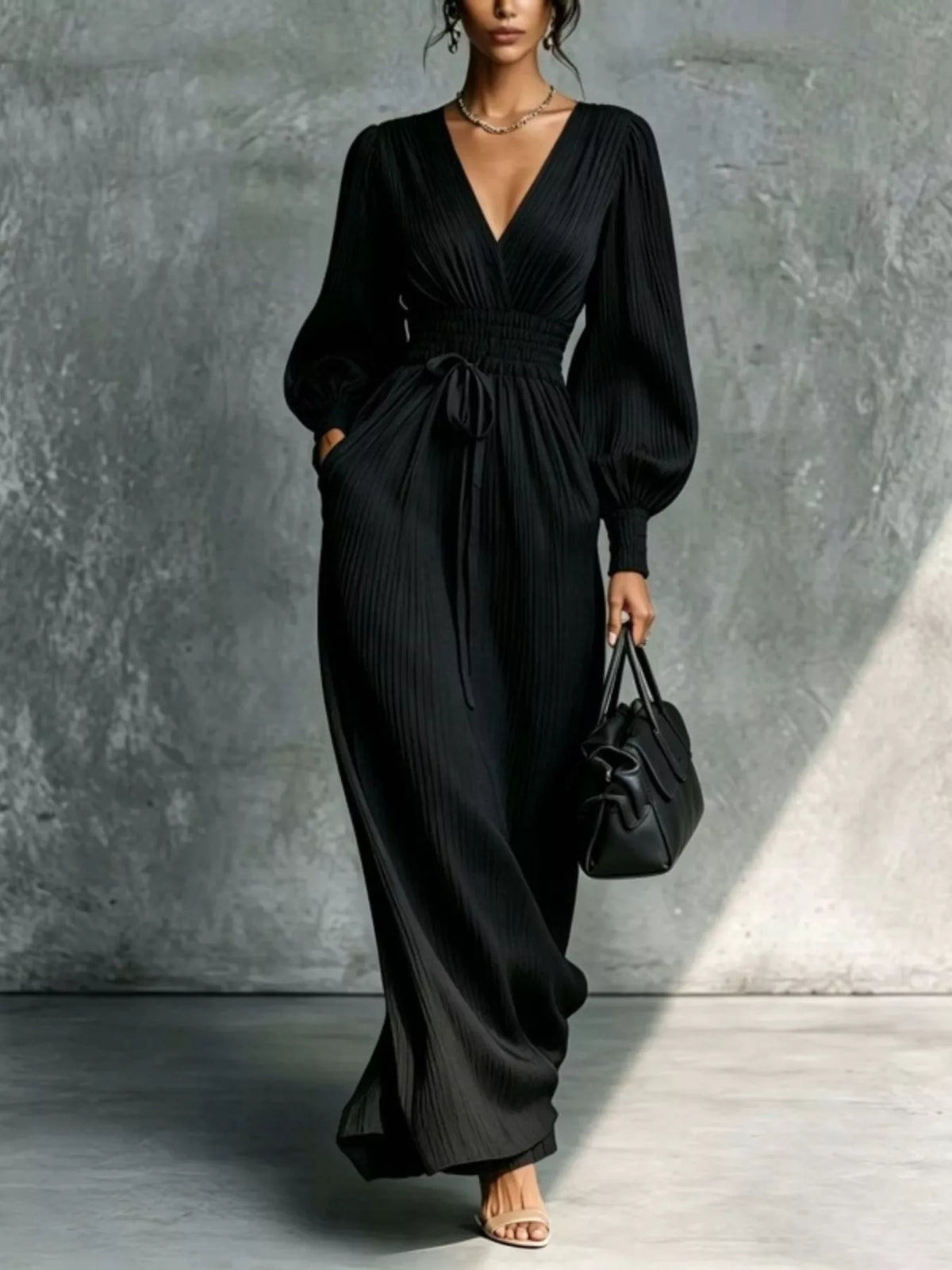 Elegant Pleated V-Neck Maxi Dress with Lantern Sleeves and Tie-Waist, view 2