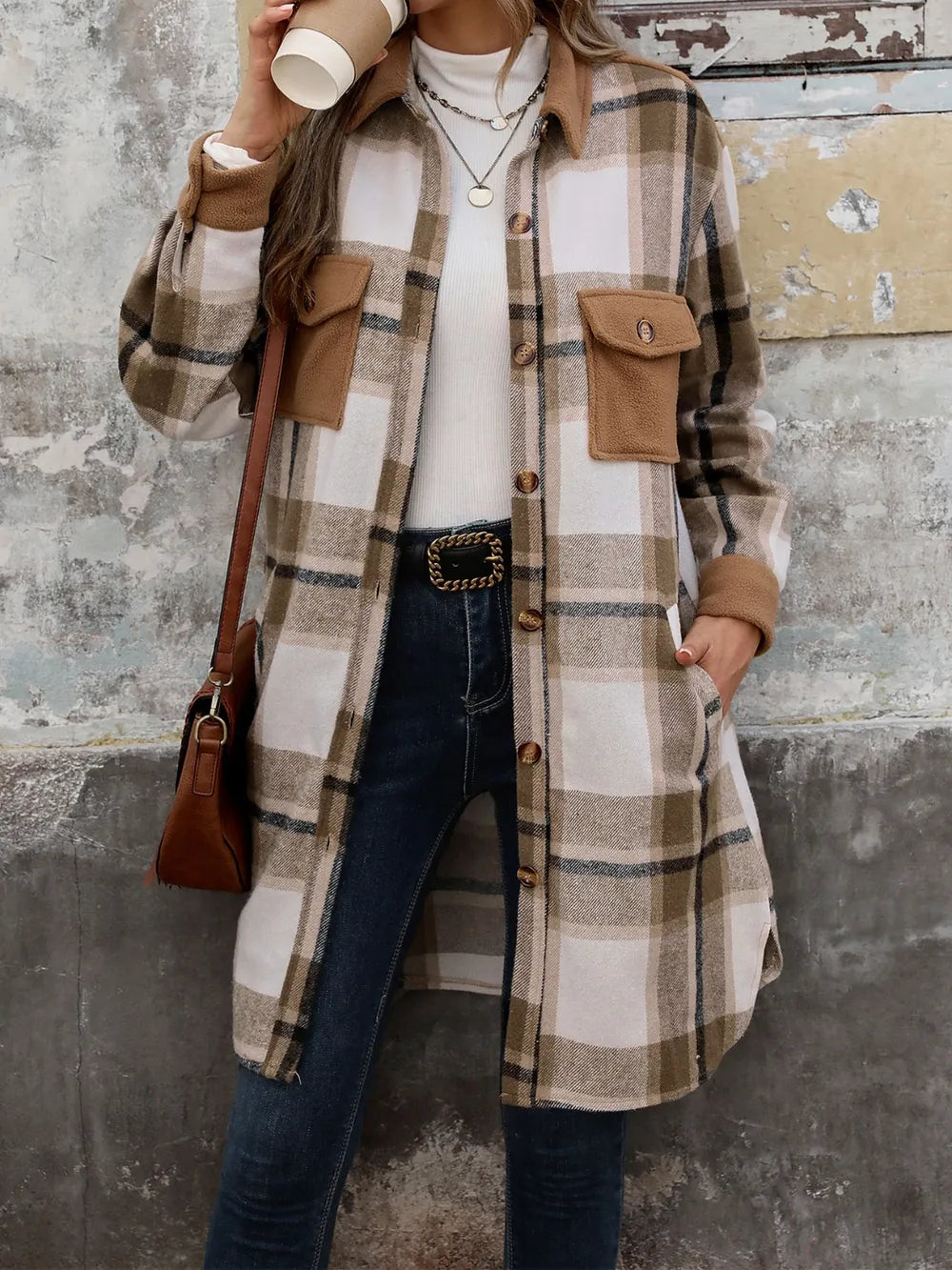 Perfee Plaid Button Up Long Sleeve Coat in Coffee Brown, view 4