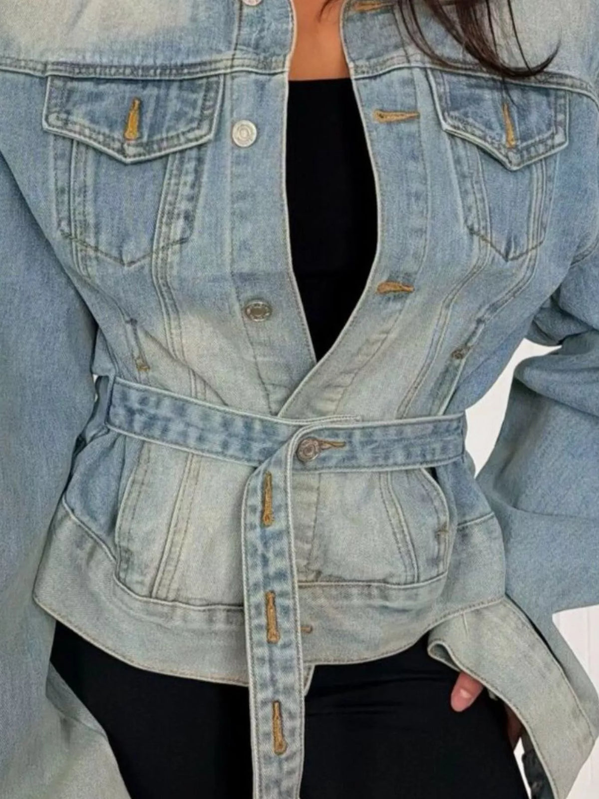 Vintage Wash Belted Denim Jacket in Blue, view 2