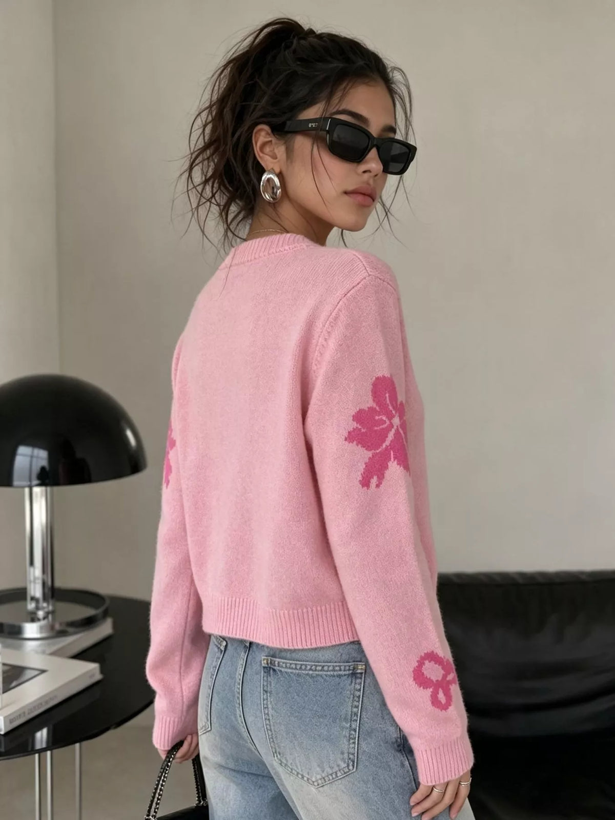 Floral Crew Neck Cropped Knit Cardigan, view 20