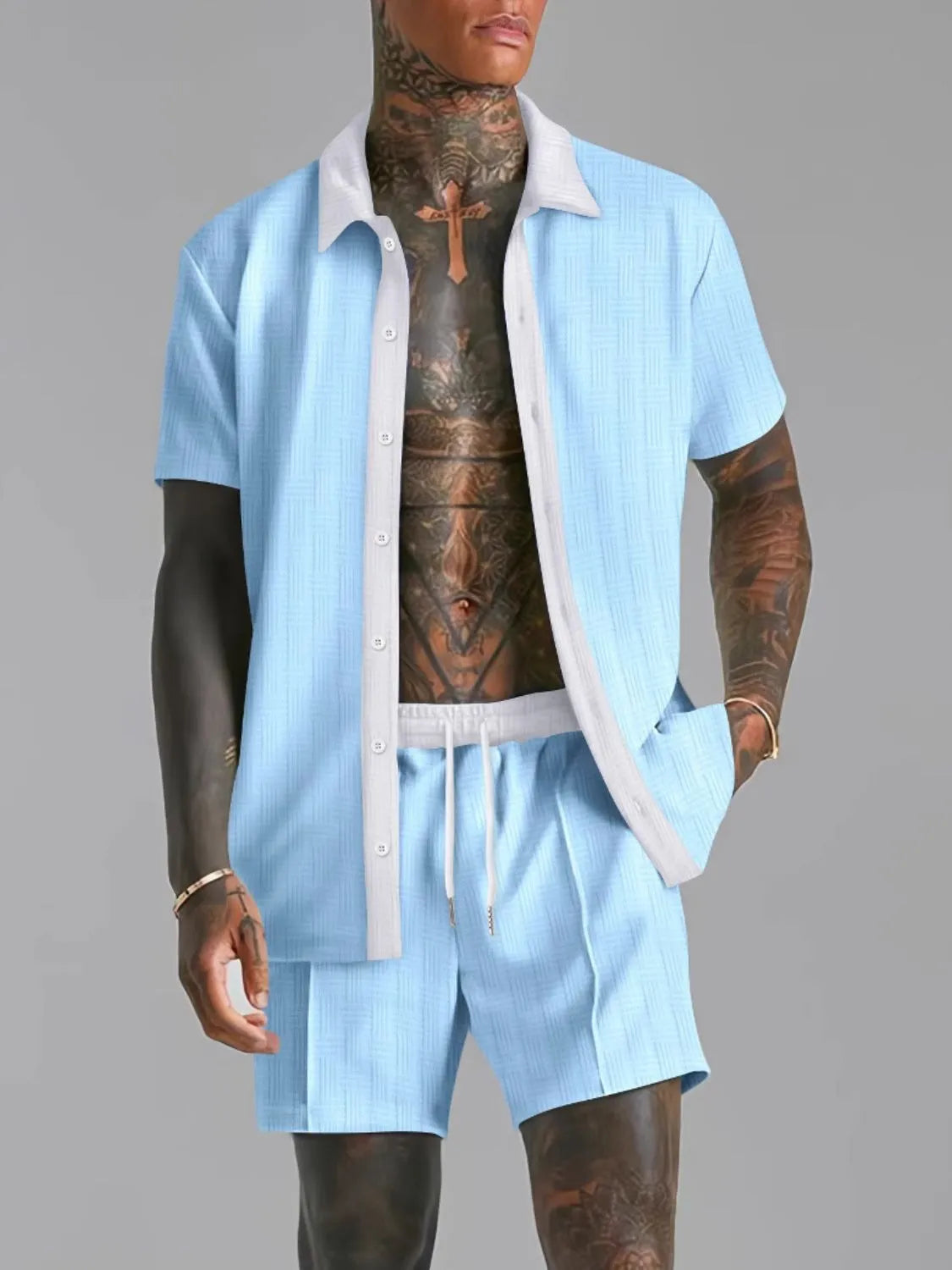Men's Full Size Collared Neck Short Sleeve Top and Shorts Set Plus Size in Pastel Blue