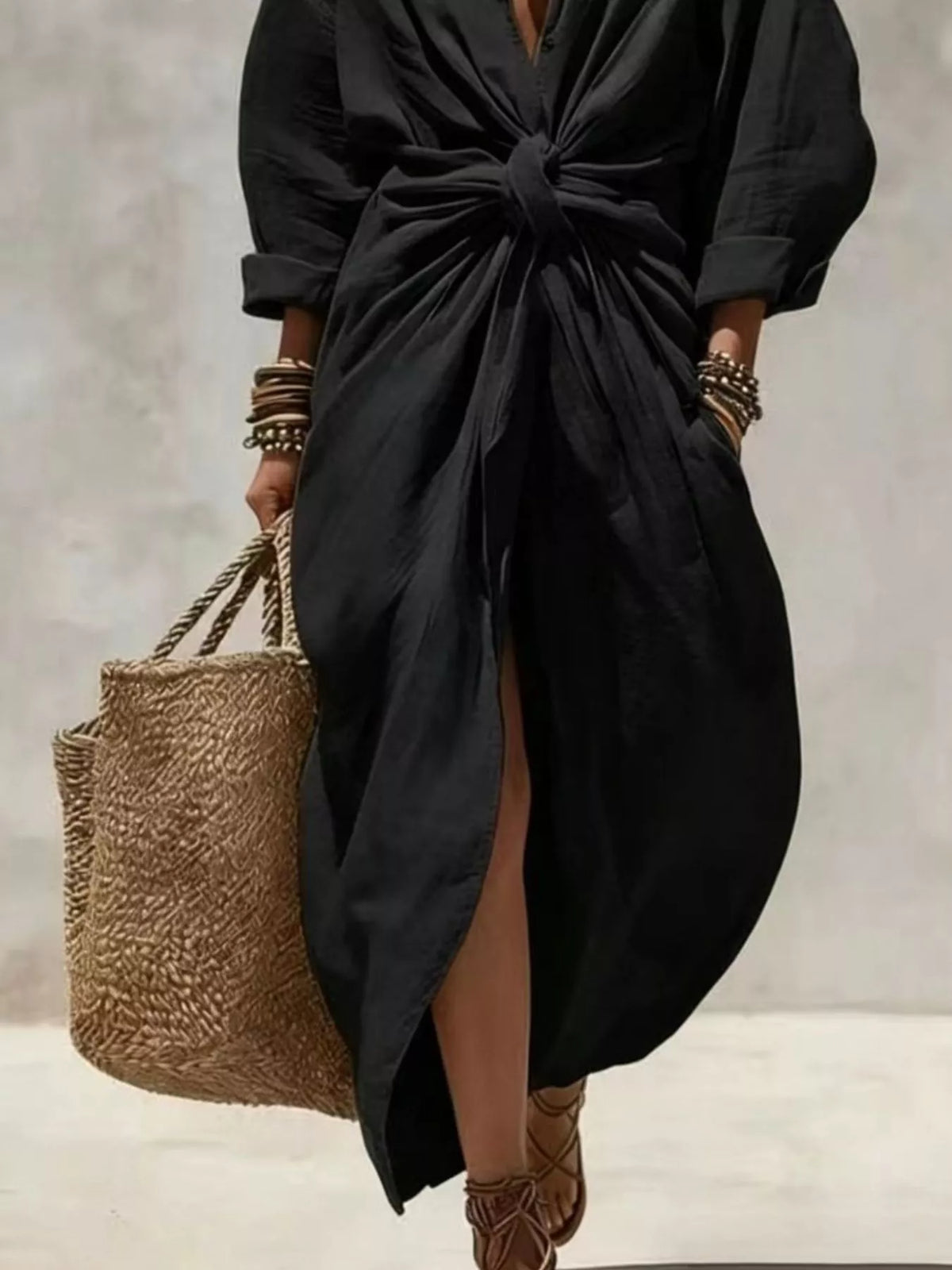 Front-Tie Maxi Shirt Dress - Lilixa.store