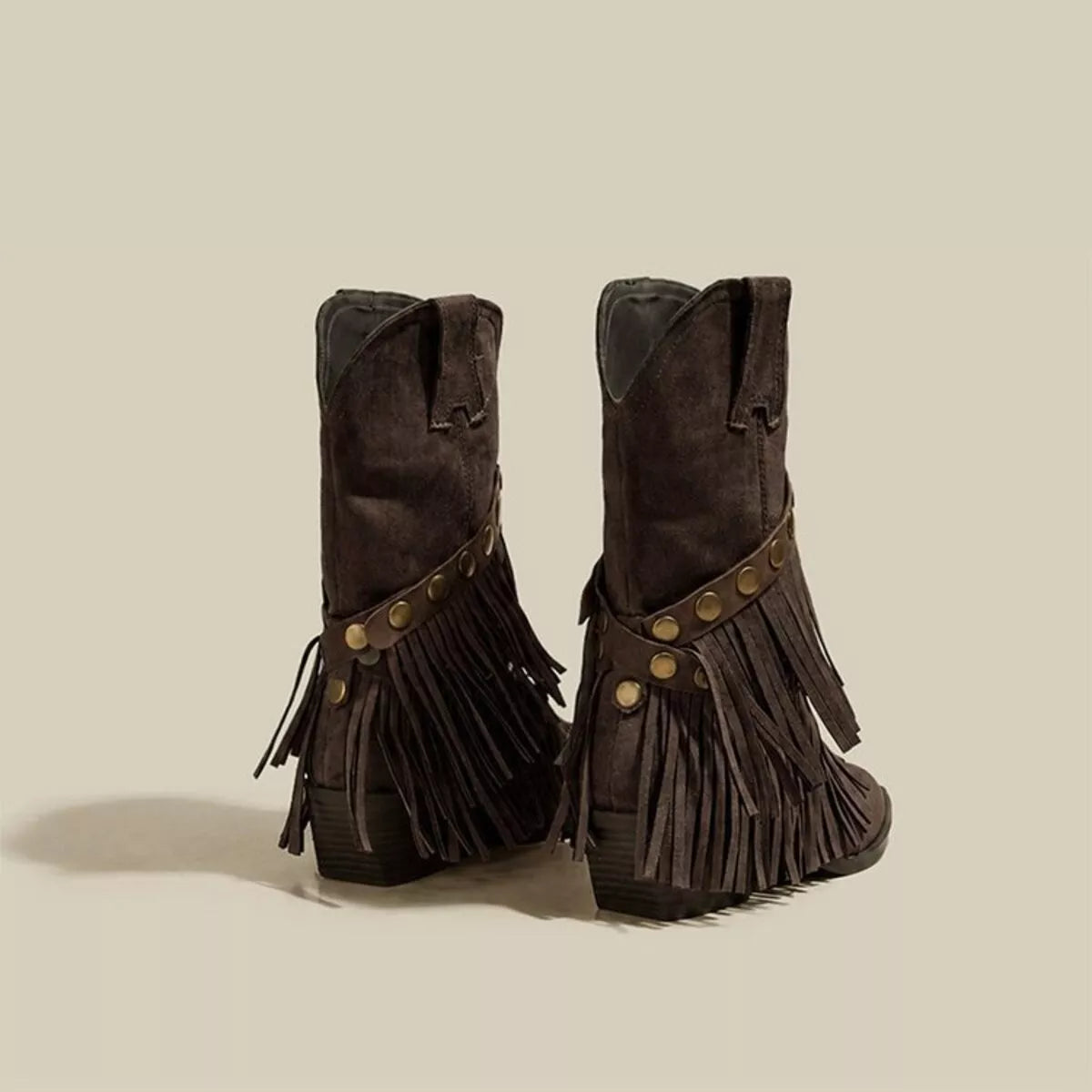 Vintage Suede Western Fringe Boots with Studded Straps in Coffee Brown