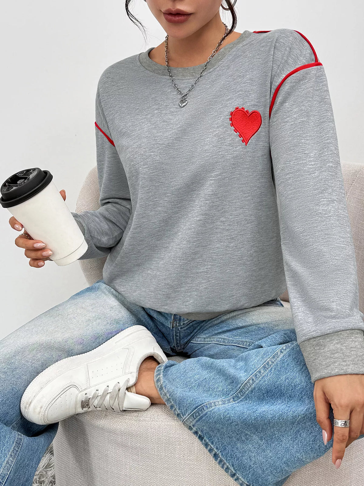 Heart Embroidered Round Neck Sweatshirt - Lilixa.store